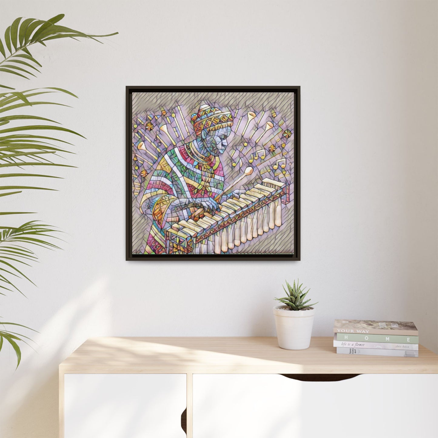 Colorful Marimba Musician Matte Framed Canvas — Vibrant African Instrument Wall Art