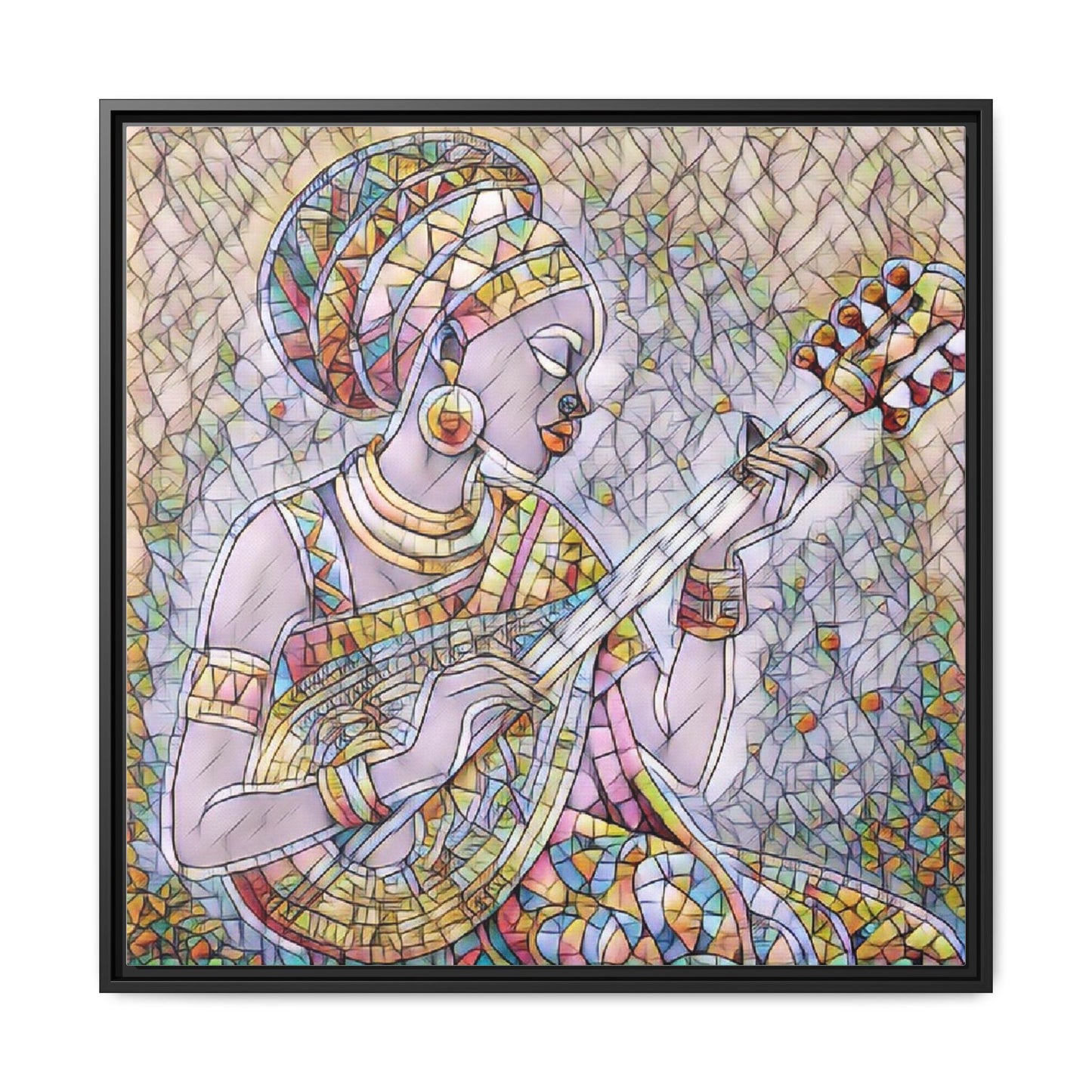 Framed Canvas Art — Colorful African Woman Playing Lute (Matte Multi‑Color)