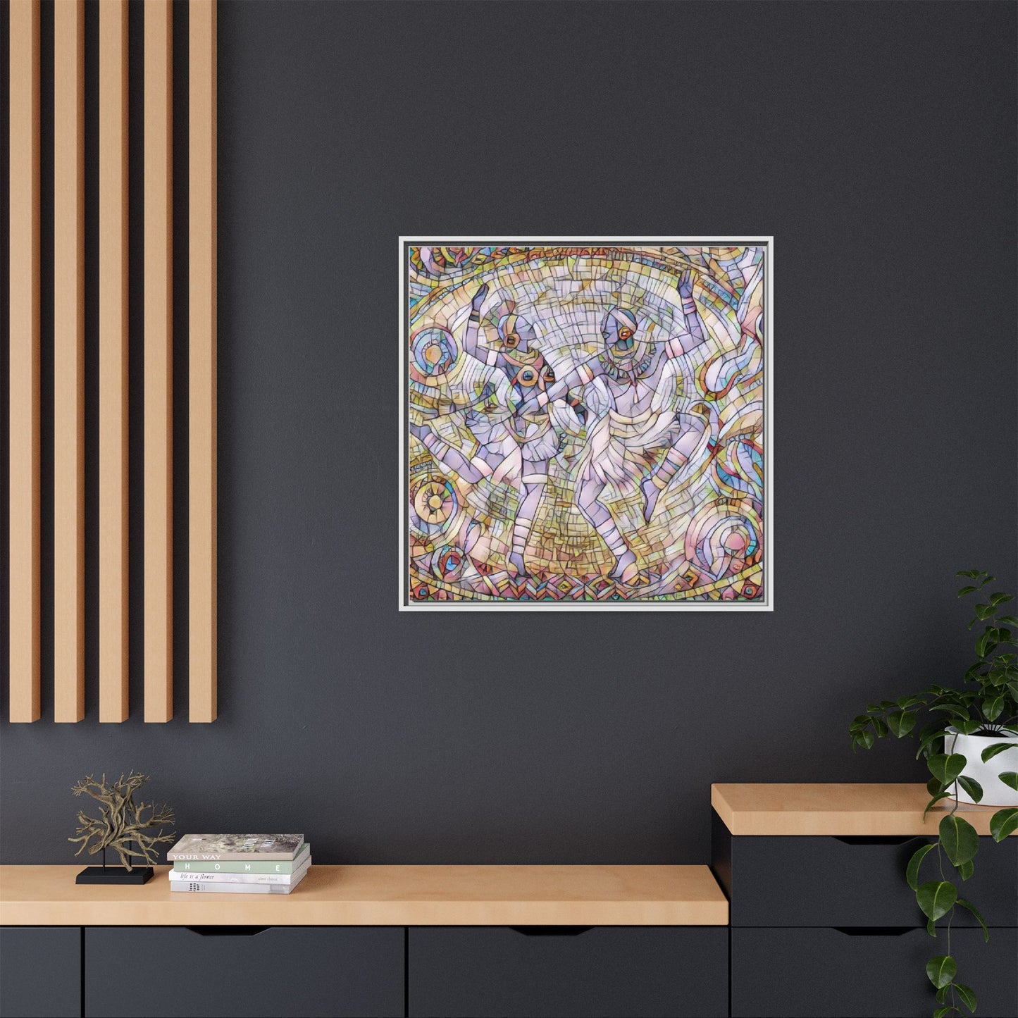 Abstract Dancers Matte Framed Canvas Wall Art — Multi‑Color Stained Glass Style