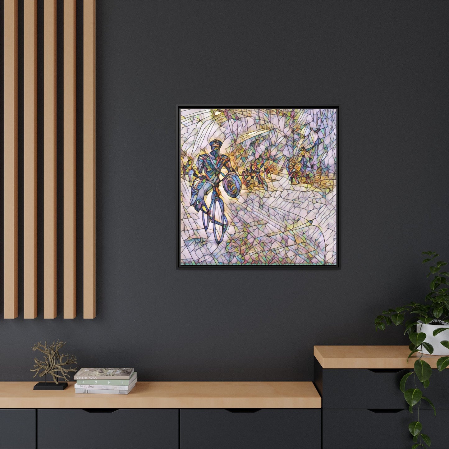 Cyclist Mosaic Matte Canvas Framed Wall Art — Colorful Biking Scene