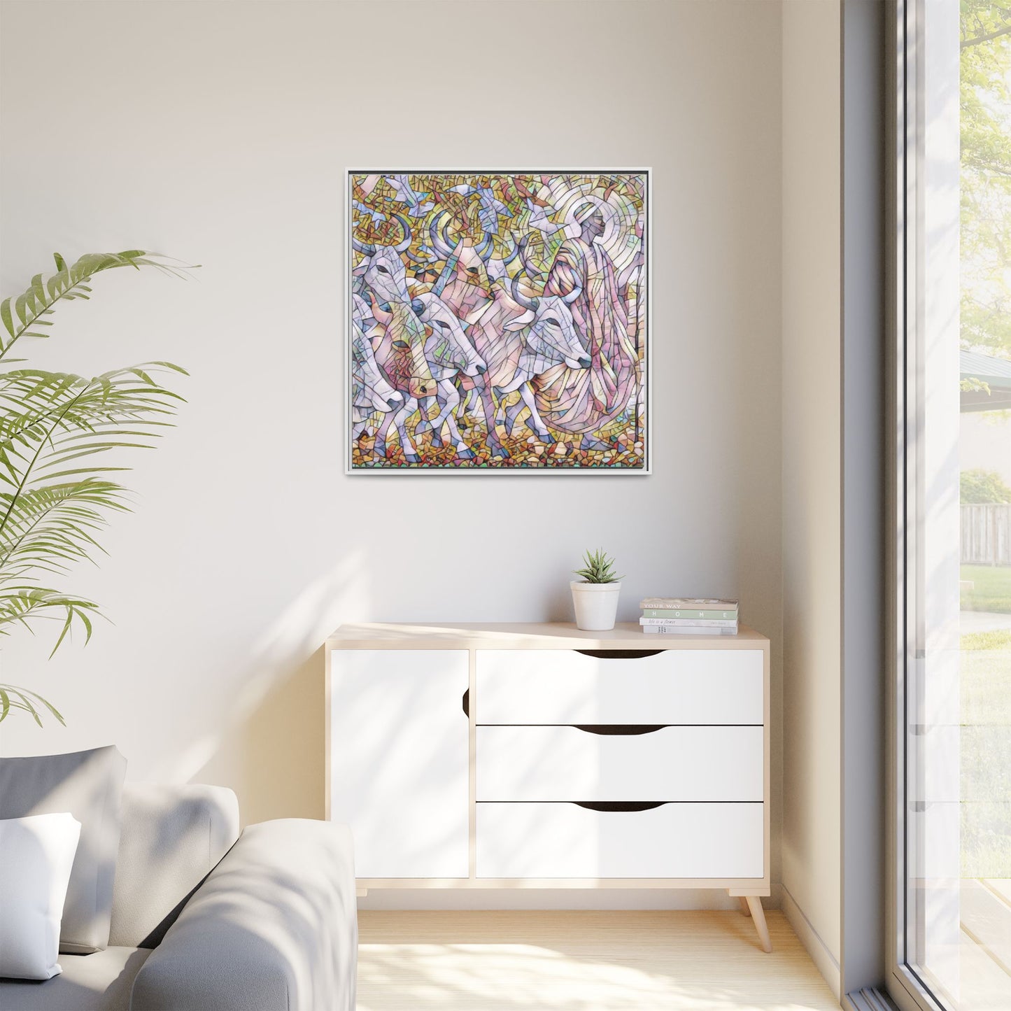 Framed Matte Canvas Art — Stained-Glass Style Cattle Herd