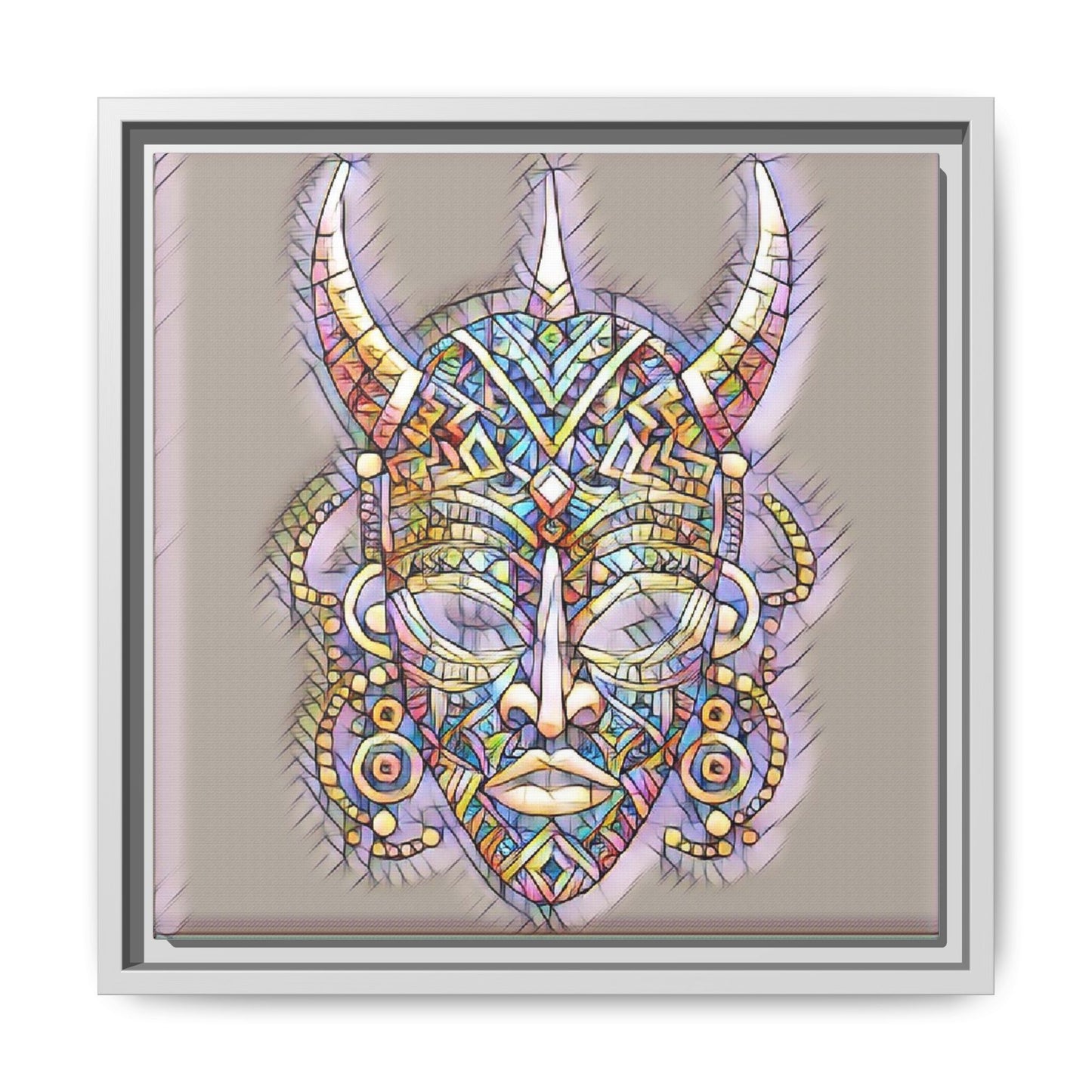 Colorful Tribal Mask Framed Canvas Art — Abstract Ethnic Wall Decor