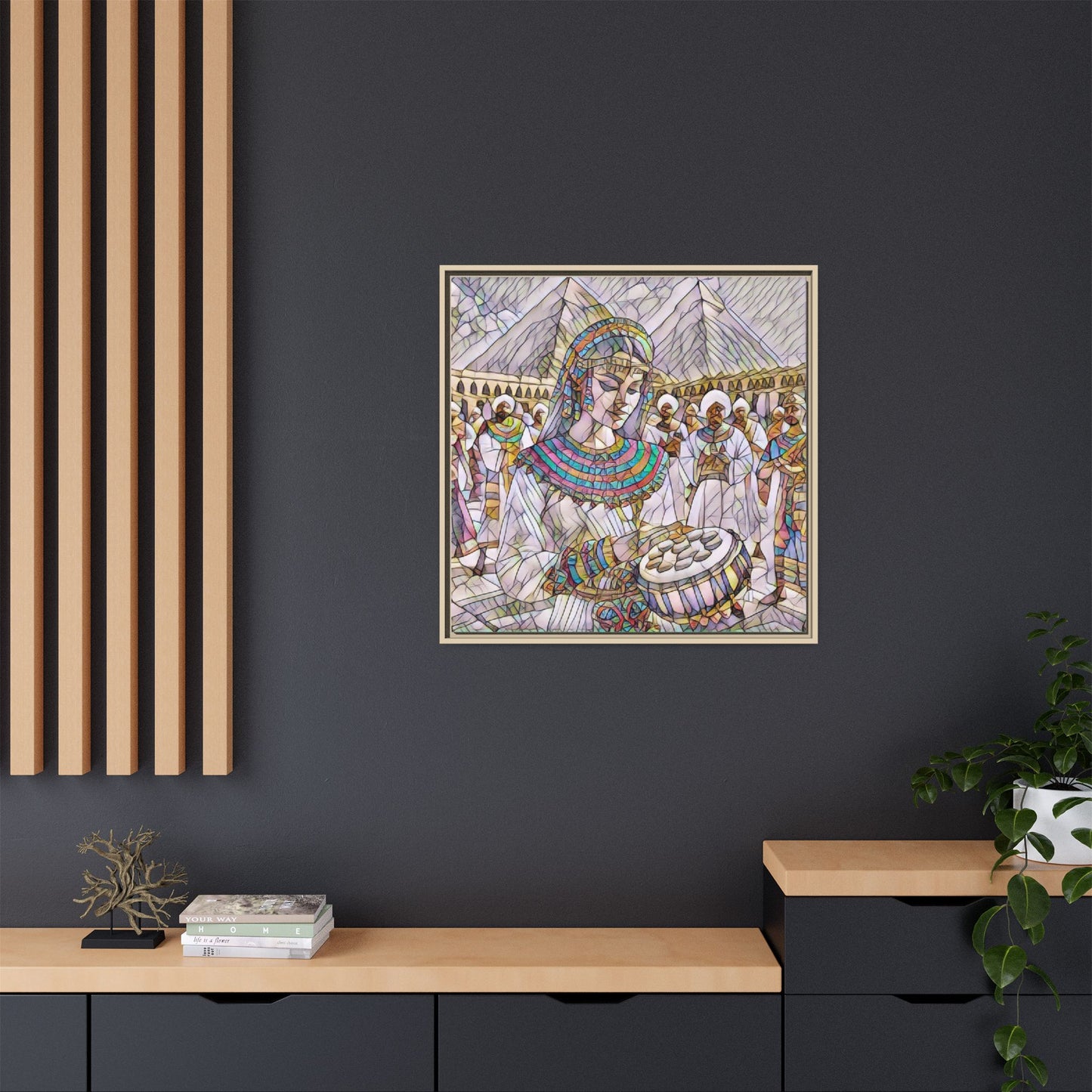 Egyptian Drum Player Framed Canvas Art — Colorful Ancient Scene Wall Decor