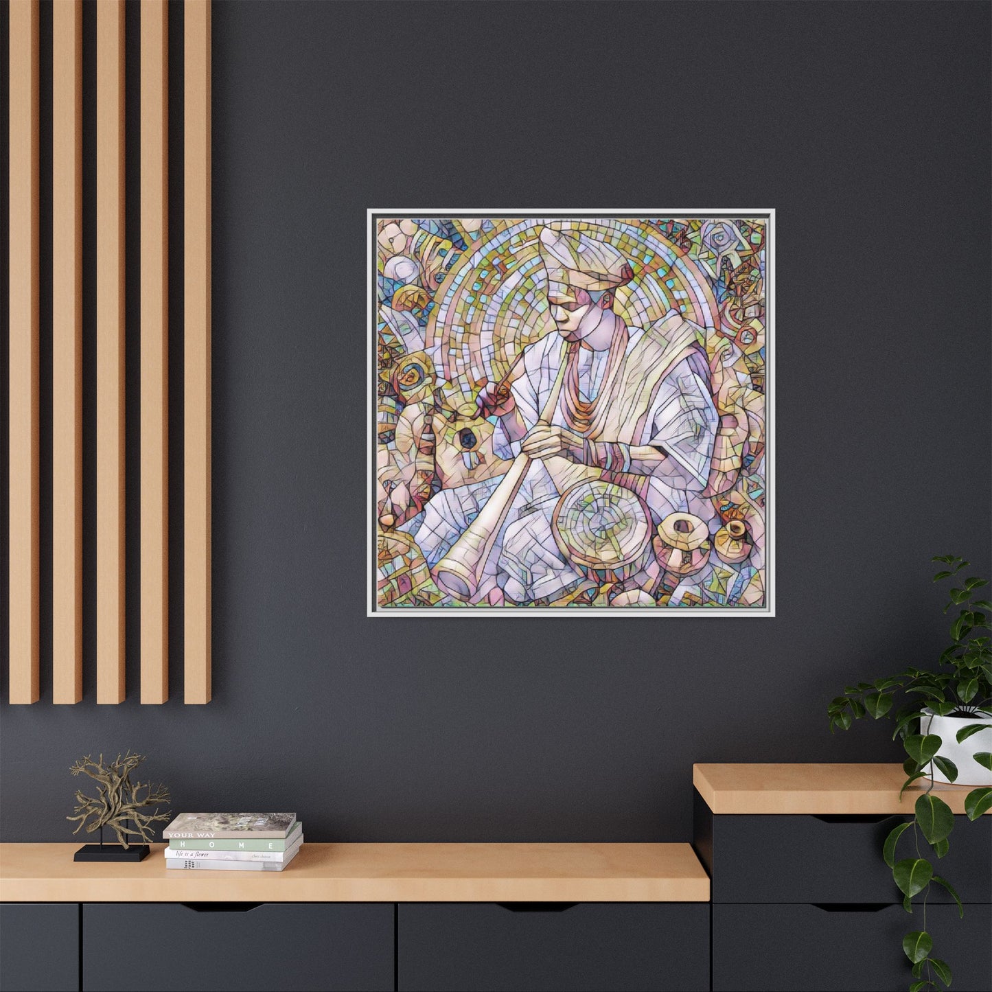 Framed Matte Canvas Print — African Drummer Mosaic Art