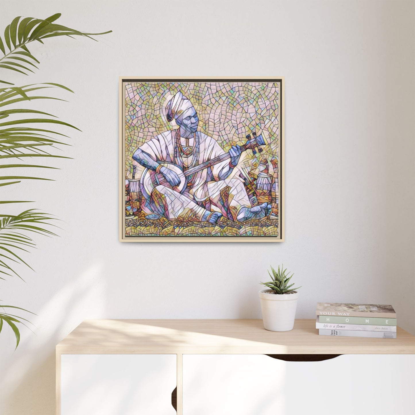 Framed Mosaic Musician Canvas Art — African Griot with Kora