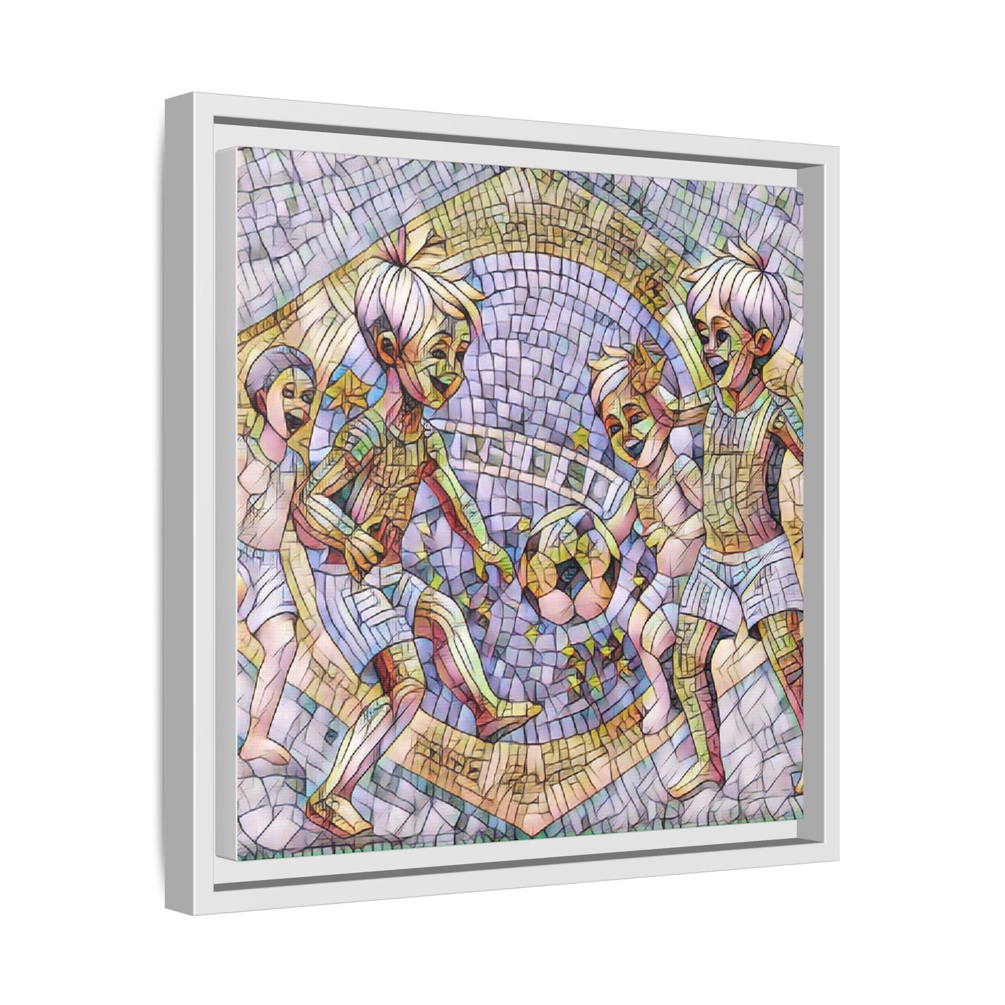 Framed Matte Canvas – Vintage Mosaic Kids Playing Soccer Art