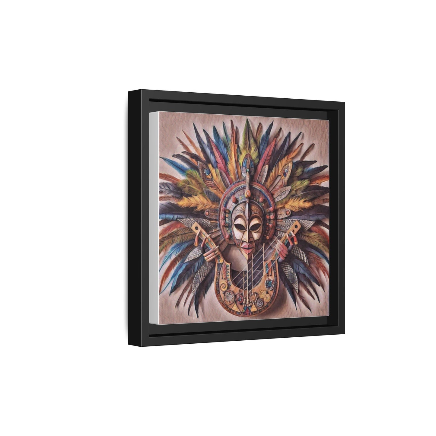 Tribal Feather Mask Guitar Framed Canvas Art — Colorful Boho Wall Decor