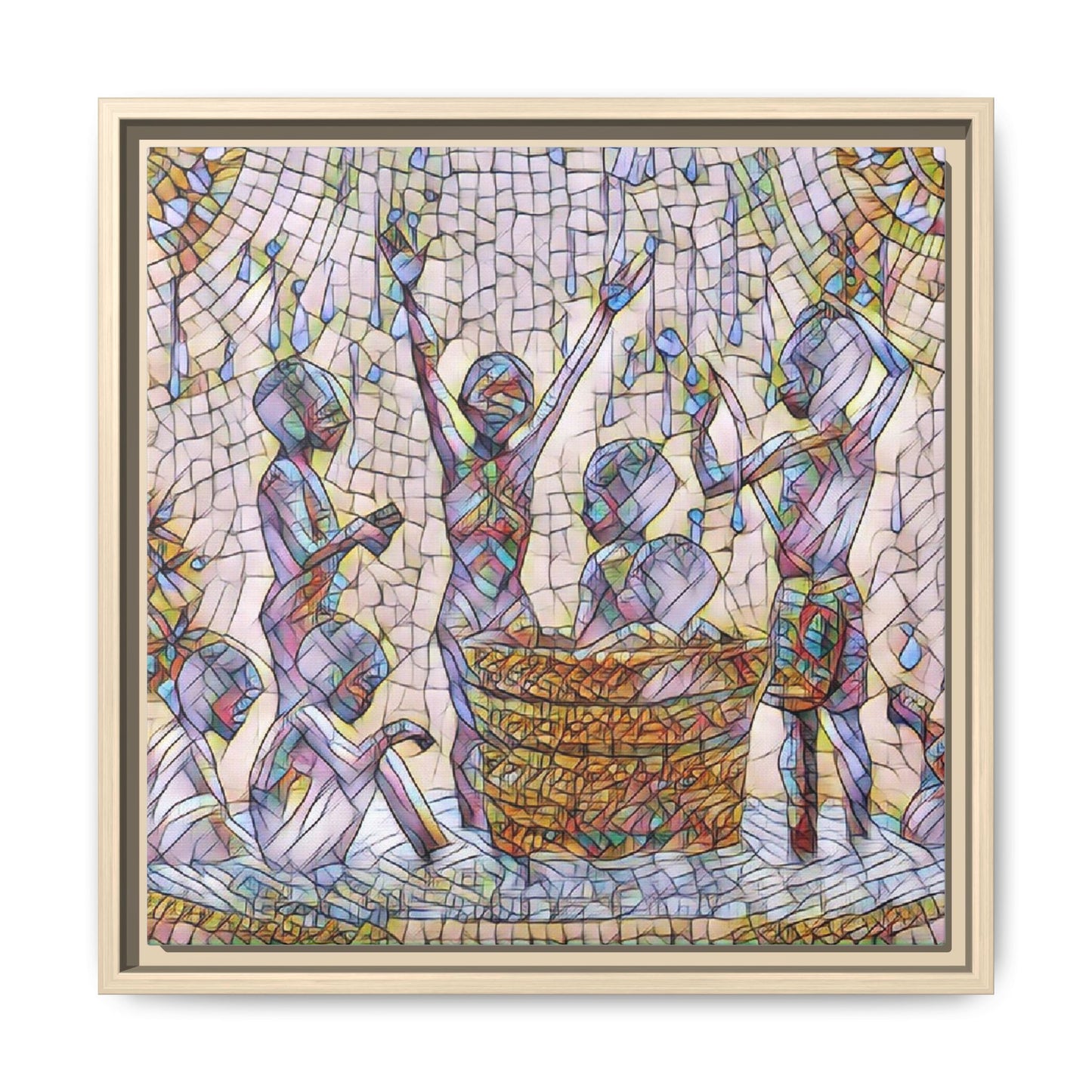 Framed Matte Canvas Art — Children Playing Mosaic Illustration