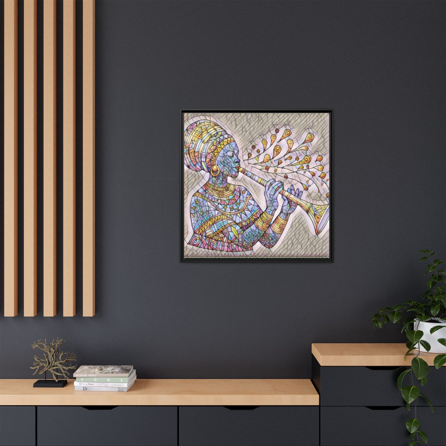 Framed Matte Canvas Art – Colorful African Musician Trumpet Print