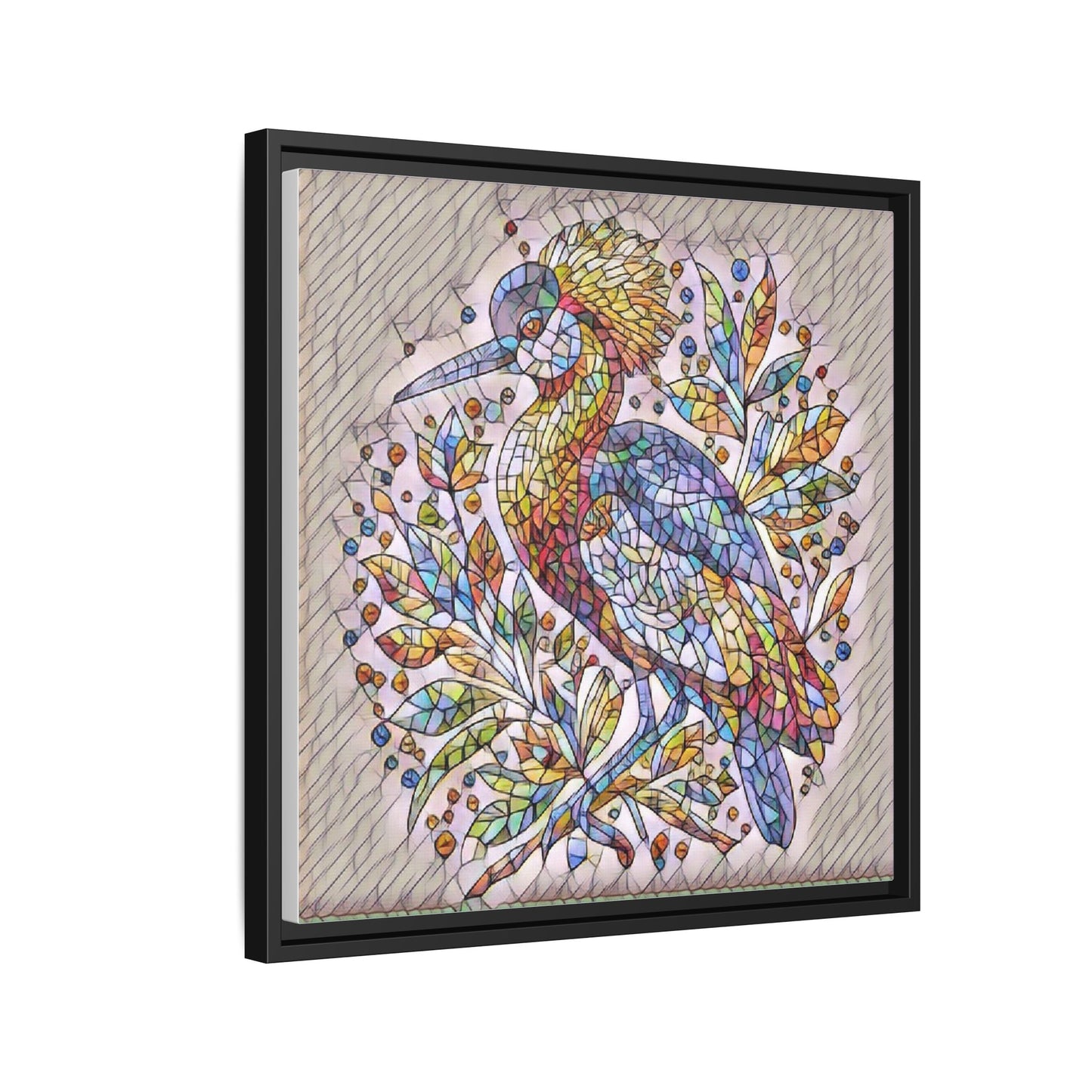 Colorful Stained-Glass Heron — Framed Matte Canvas Wall Art