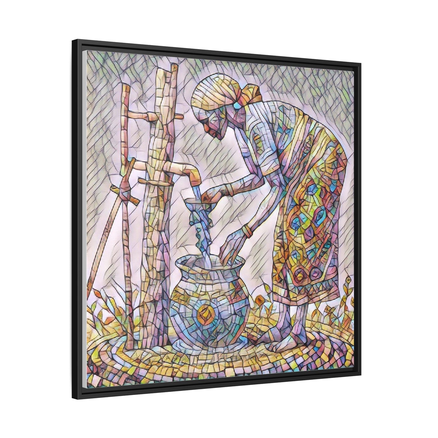 Framed Matte Canvas Art — Colorful Mosaic Woman at Well