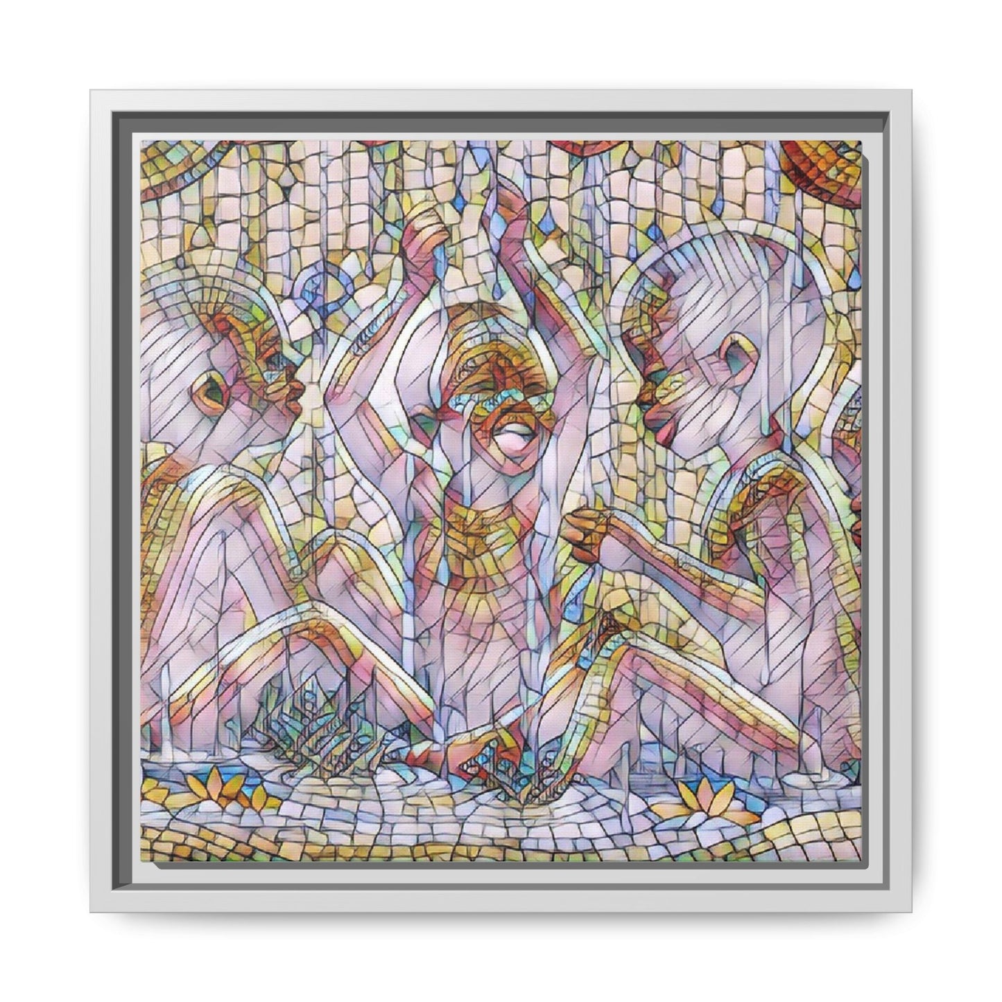 Framed Matte Canvas Art — Mosaic Children Playing (Multicolor)