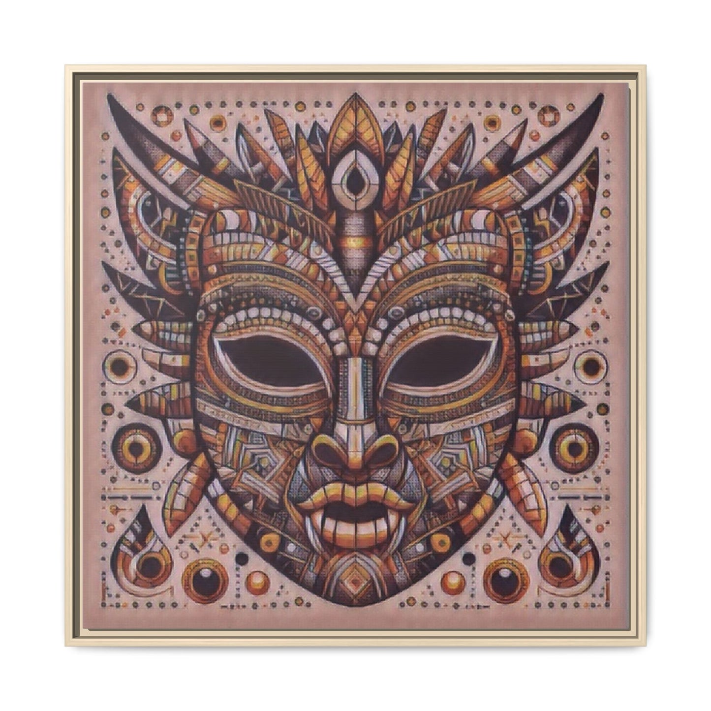 Tribal Mask Framed Canvas Art — Multicolor Matte Wall Decor