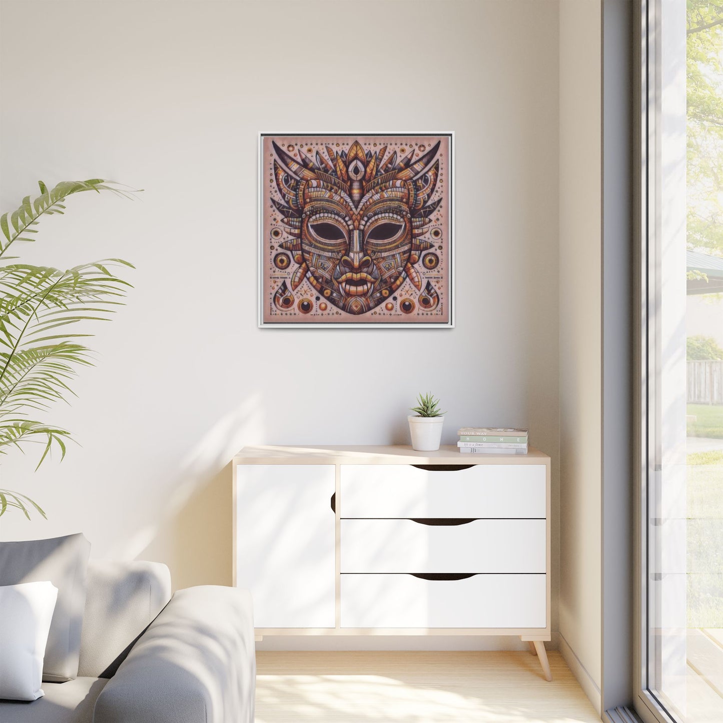 Tribal Mask Framed Canvas Art — Multicolor Matte Wall Decor