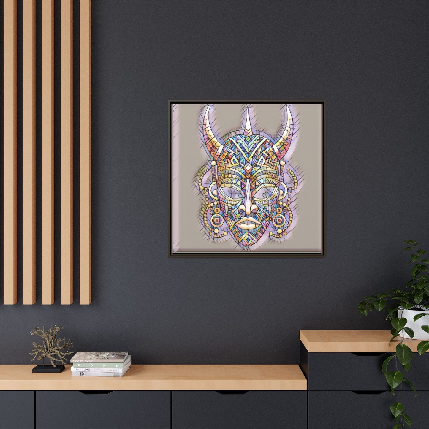 Colorful Tribal Mask Framed Canvas Art — Abstract Ethnic Wall Decor