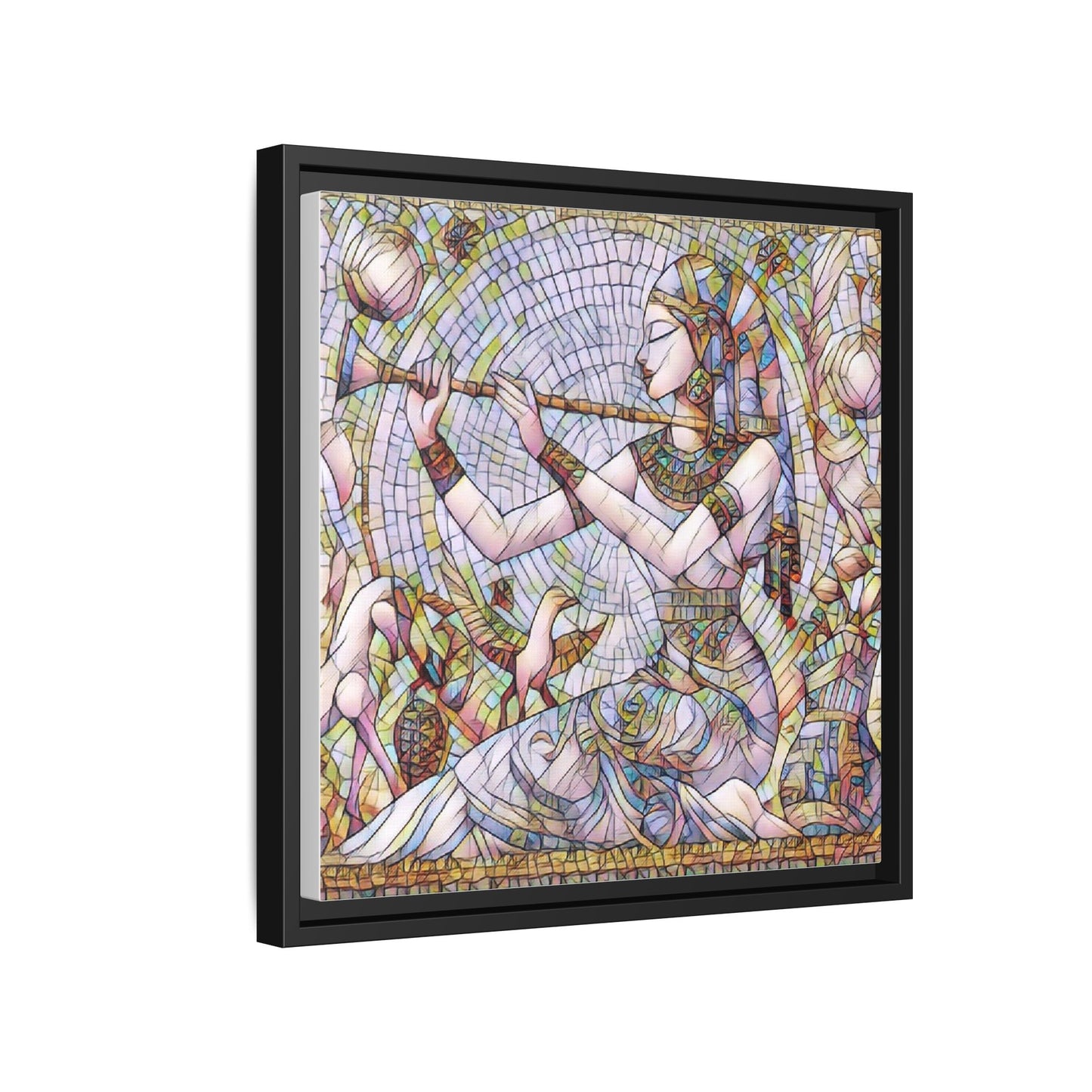 Egyptian Flute Player Framed Canvas Art — Colorful Mosaic Wall Decor