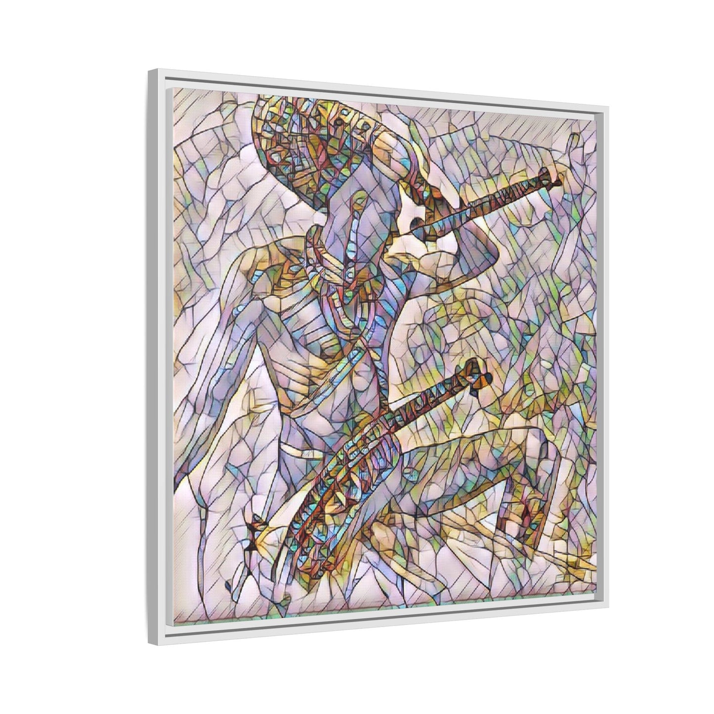 Stained Glass Blue Musician — Framed Matte Canvas Art