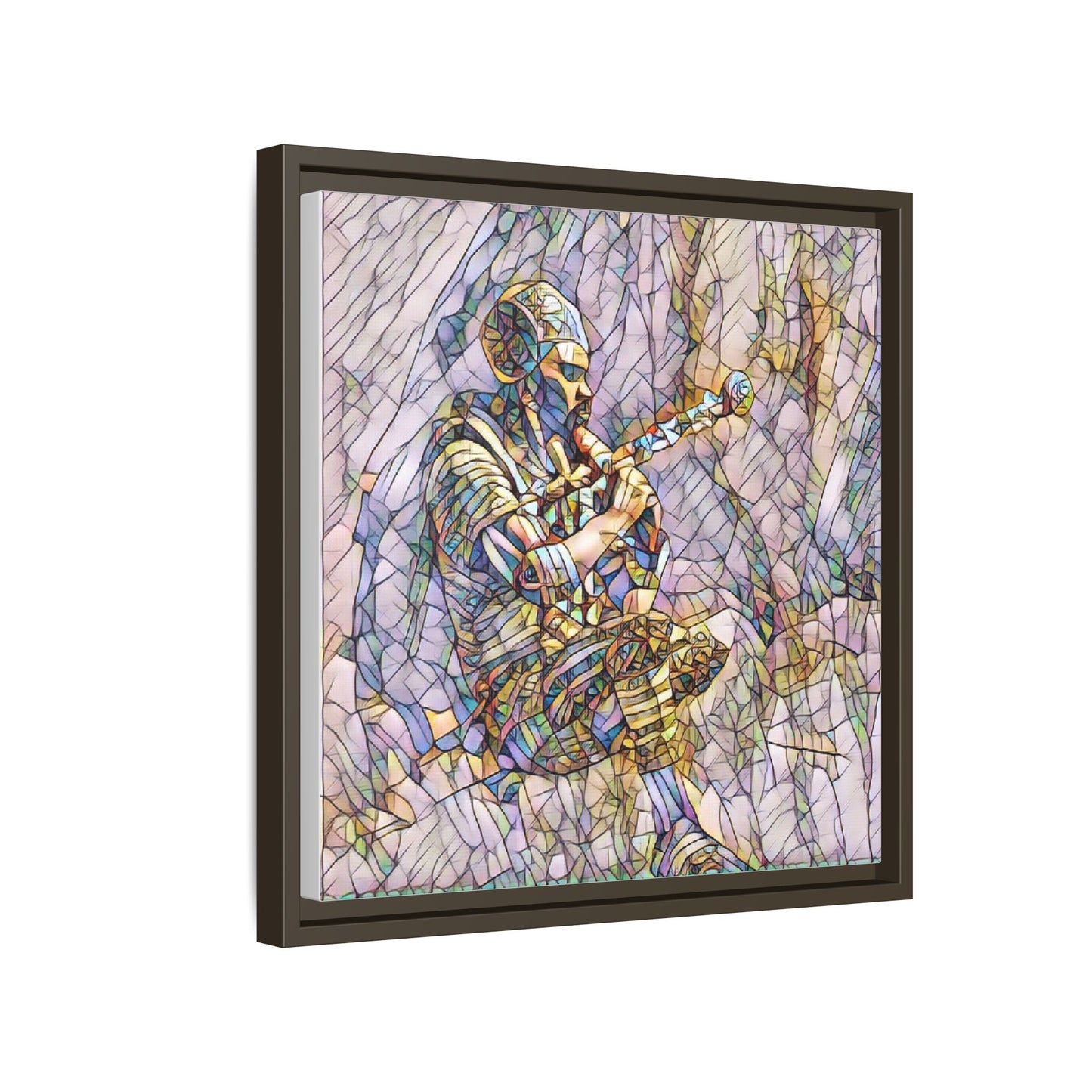 Celtic Piper Framed Matte Canvas — Stained-Glass Style Highland Bagpiper Art