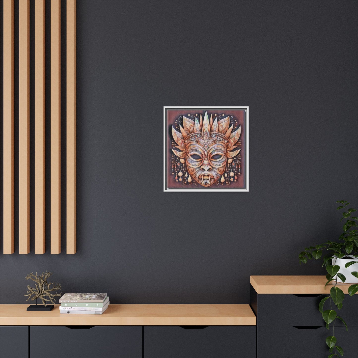 Tribal Sun Mask Framed Canvas Art — Boho Ethnic Wall Decor