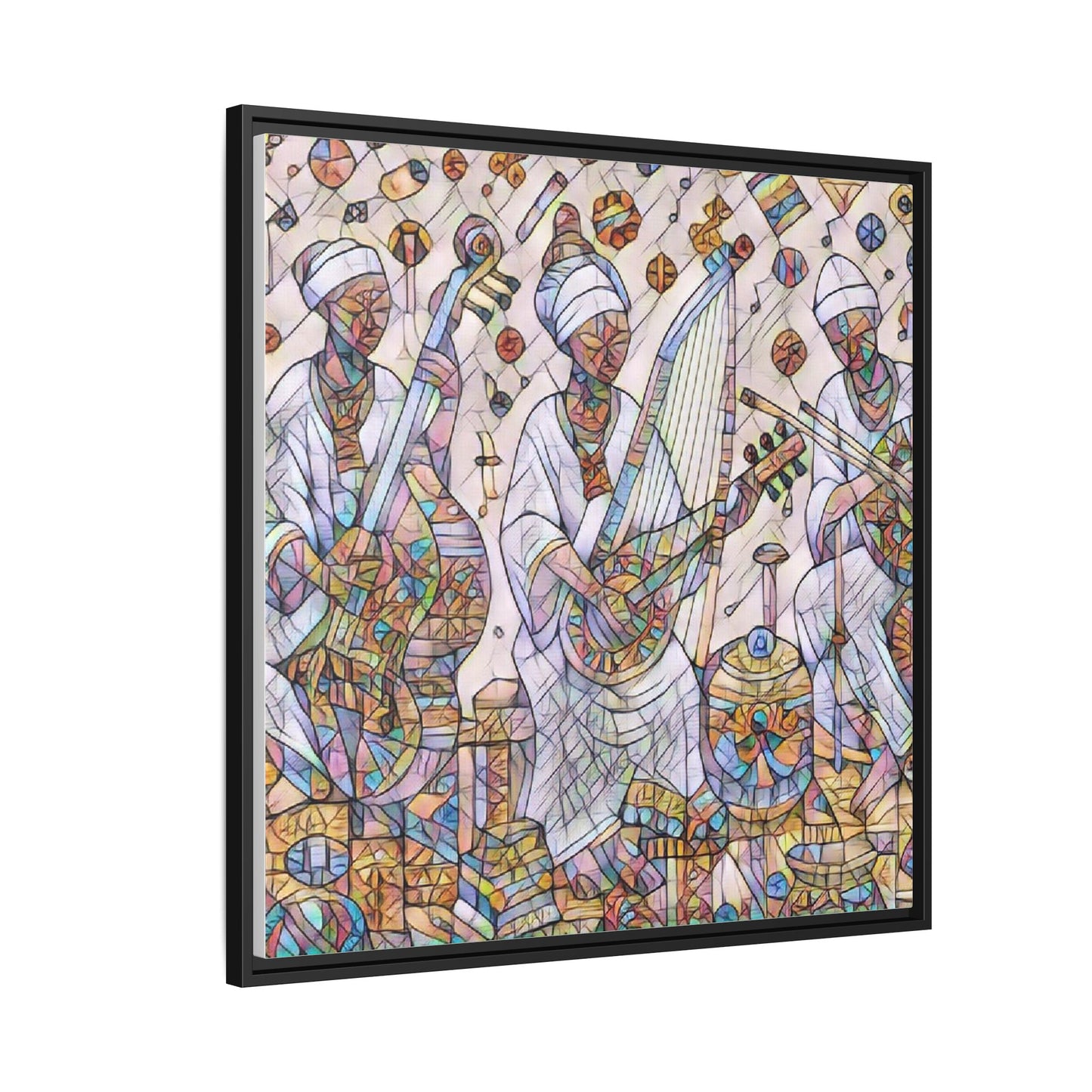 Framed Matte Canvas Print — Colorful African Musicians Stained-Glass Art