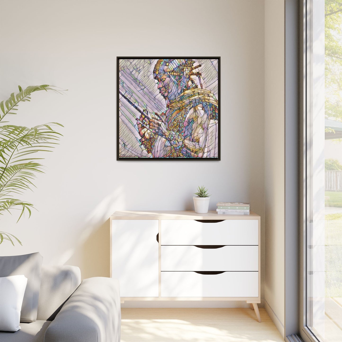 Framed Canvas Art - Colorful Tribal Warrior Portrait (Matte)