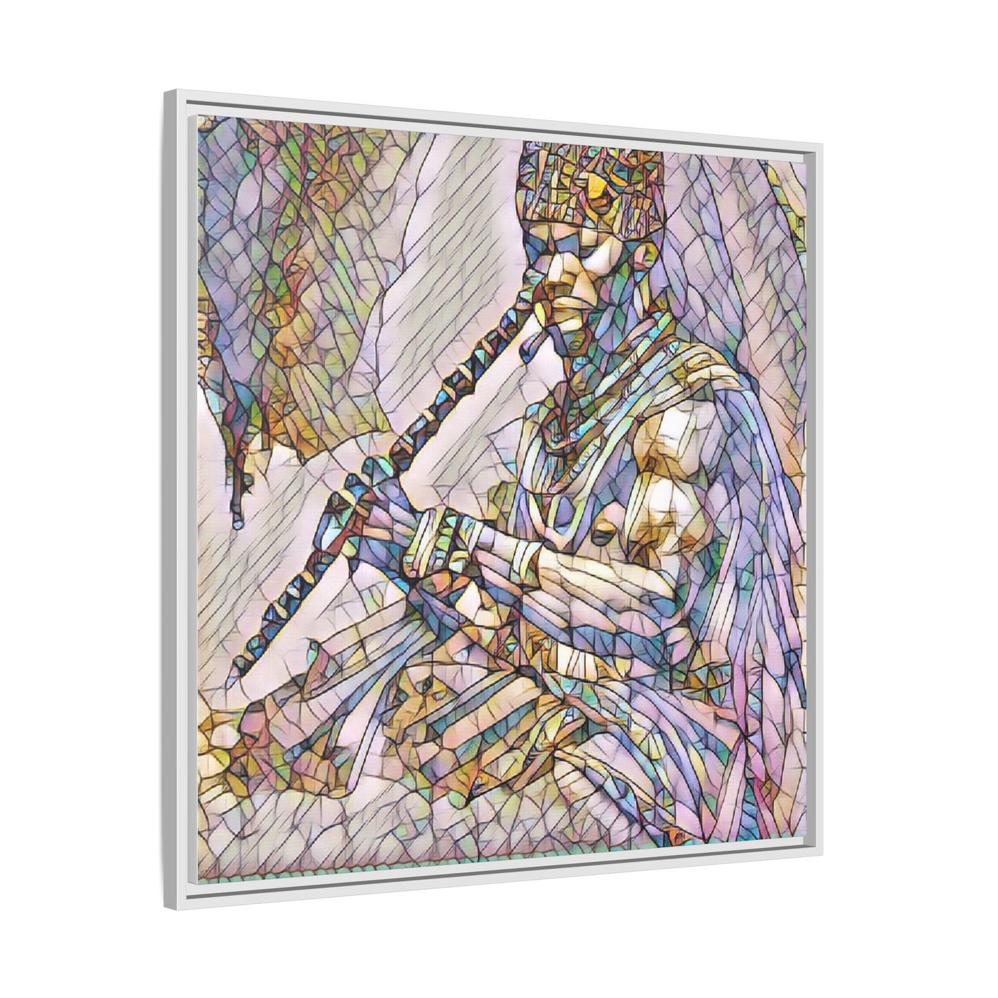 Tribal Flute Musician Stained-Glass Framed Canvas Art