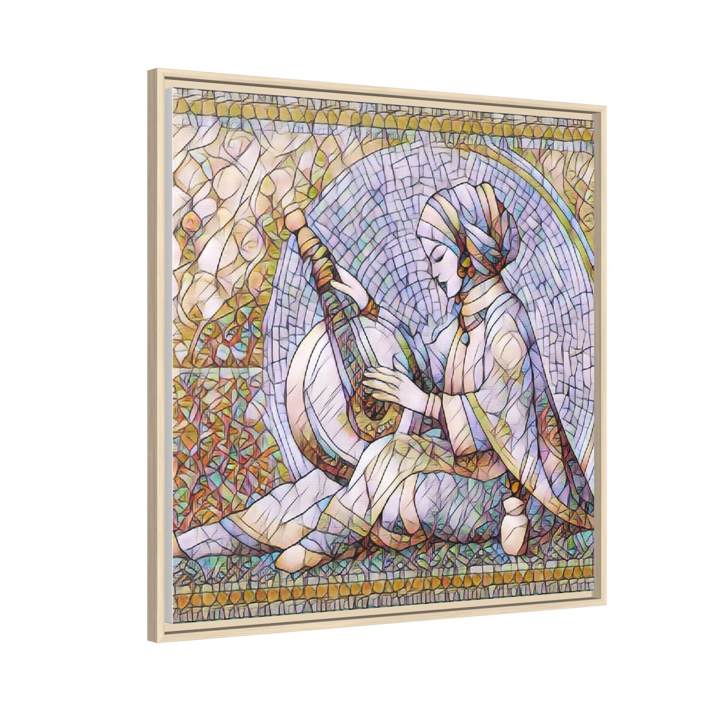 Framed Matte Canvas: Mosaic Lute Player Wall Art — Bohemian Musical Portrait