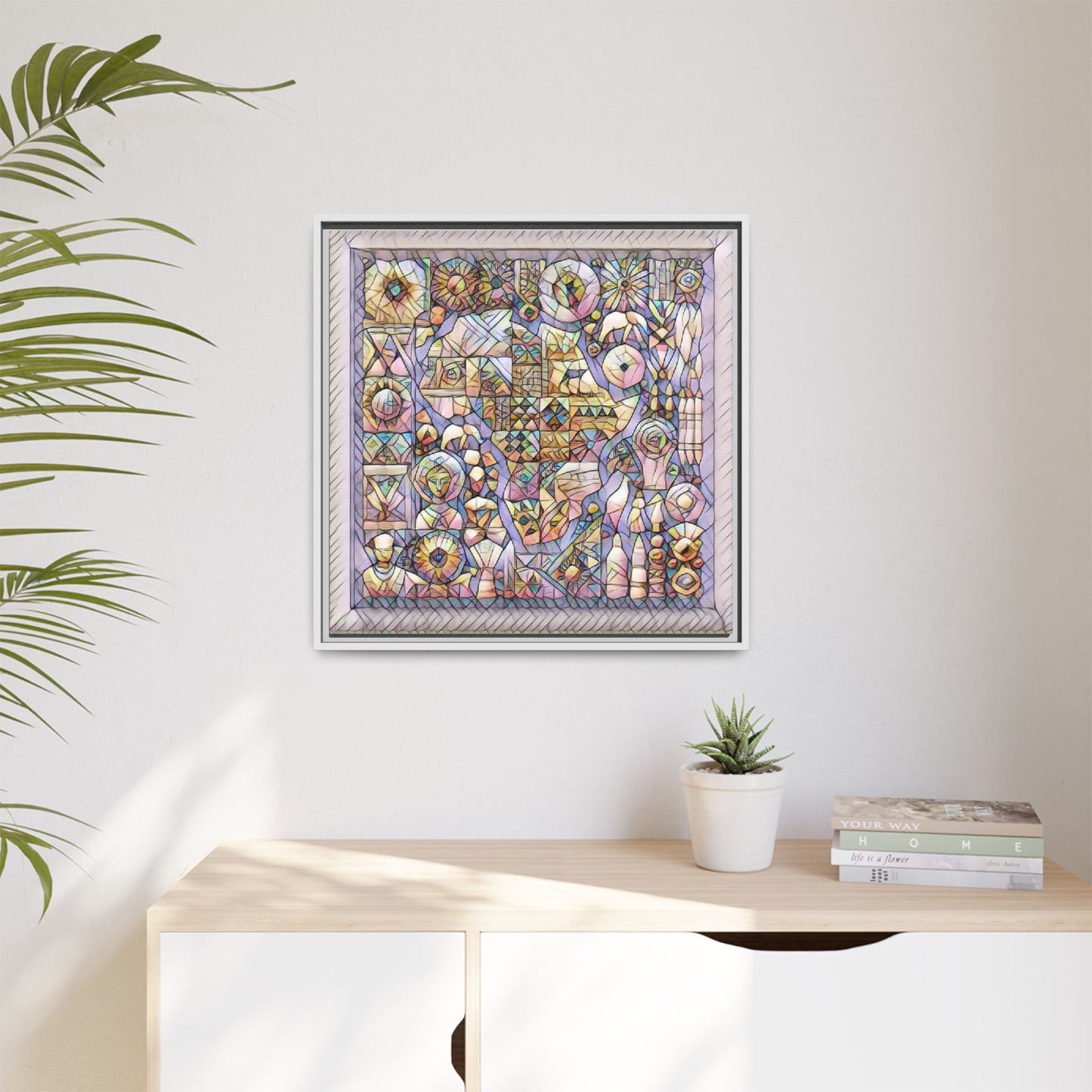 Framed Abstract Mosaic Matte Canvas Art — Pastel Geometric Wall Decor