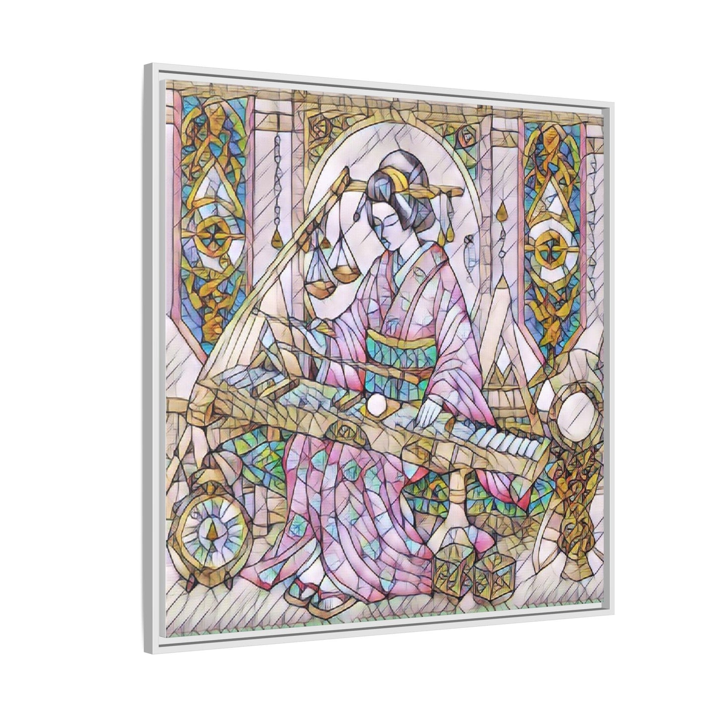 Framed Matte Canvas — Geisha Harp Stained-Glass Art Print