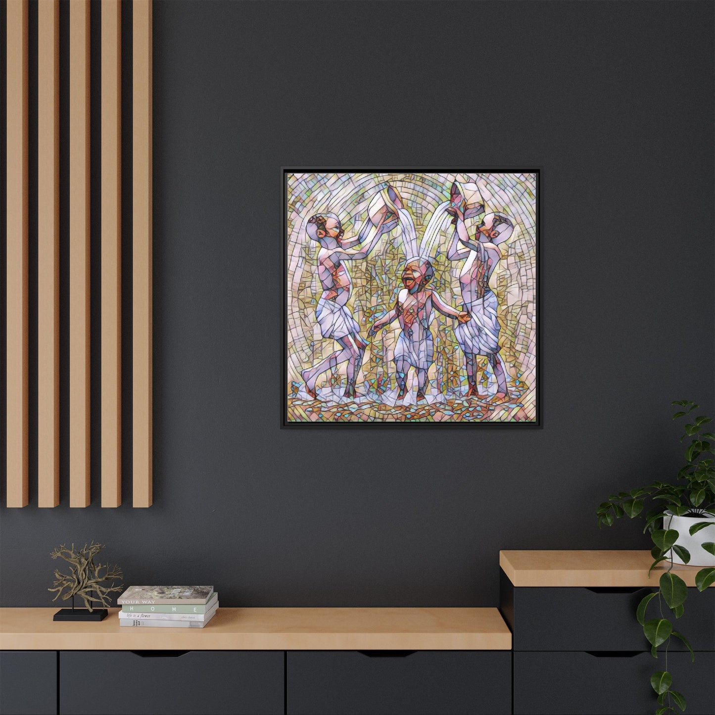 Framed Matte Canvas Art – Joyful Water Dance Family Stained-Glass Print