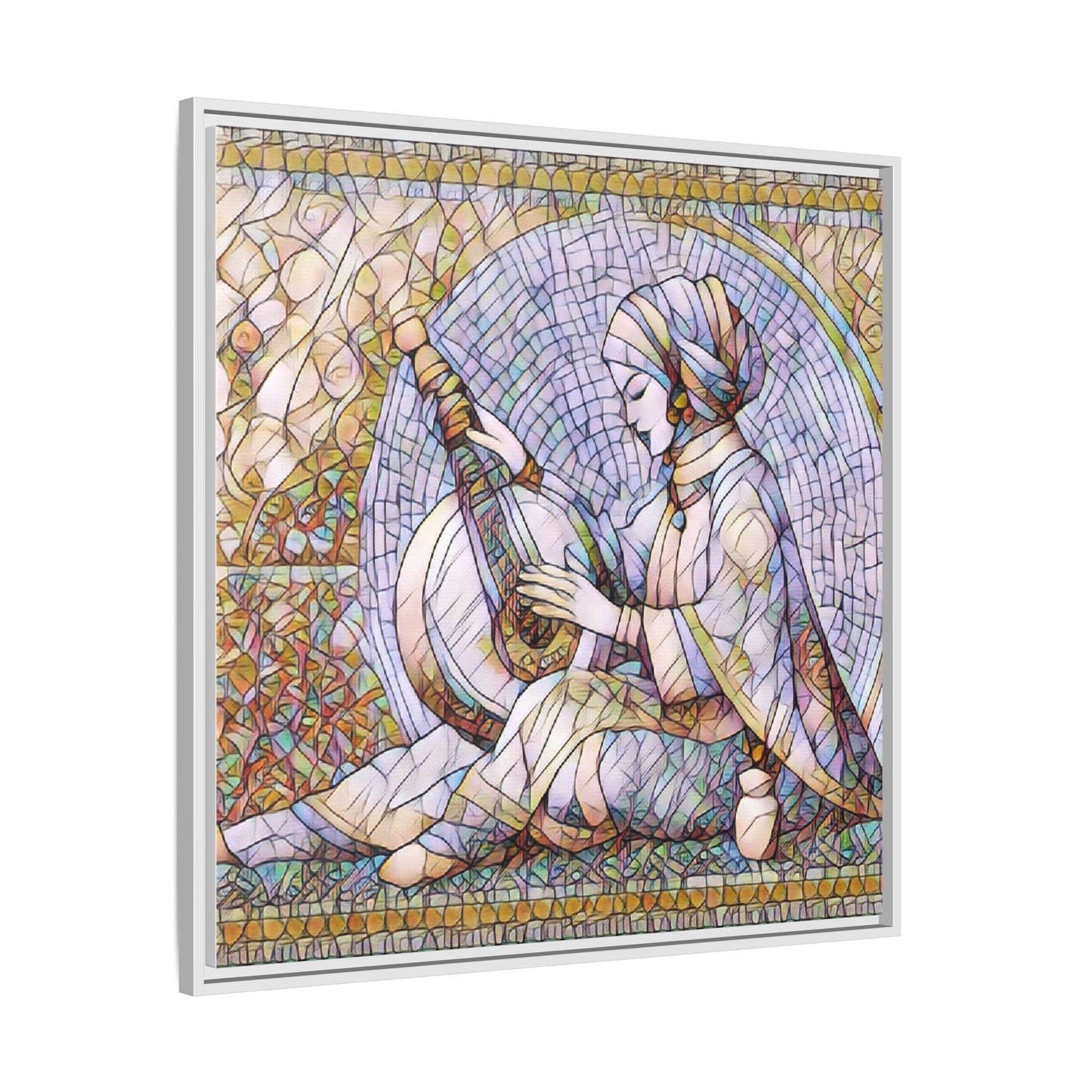 Framed Matte Canvas: Mosaic Lute Player Wall Art — Bohemian Musical Portrait