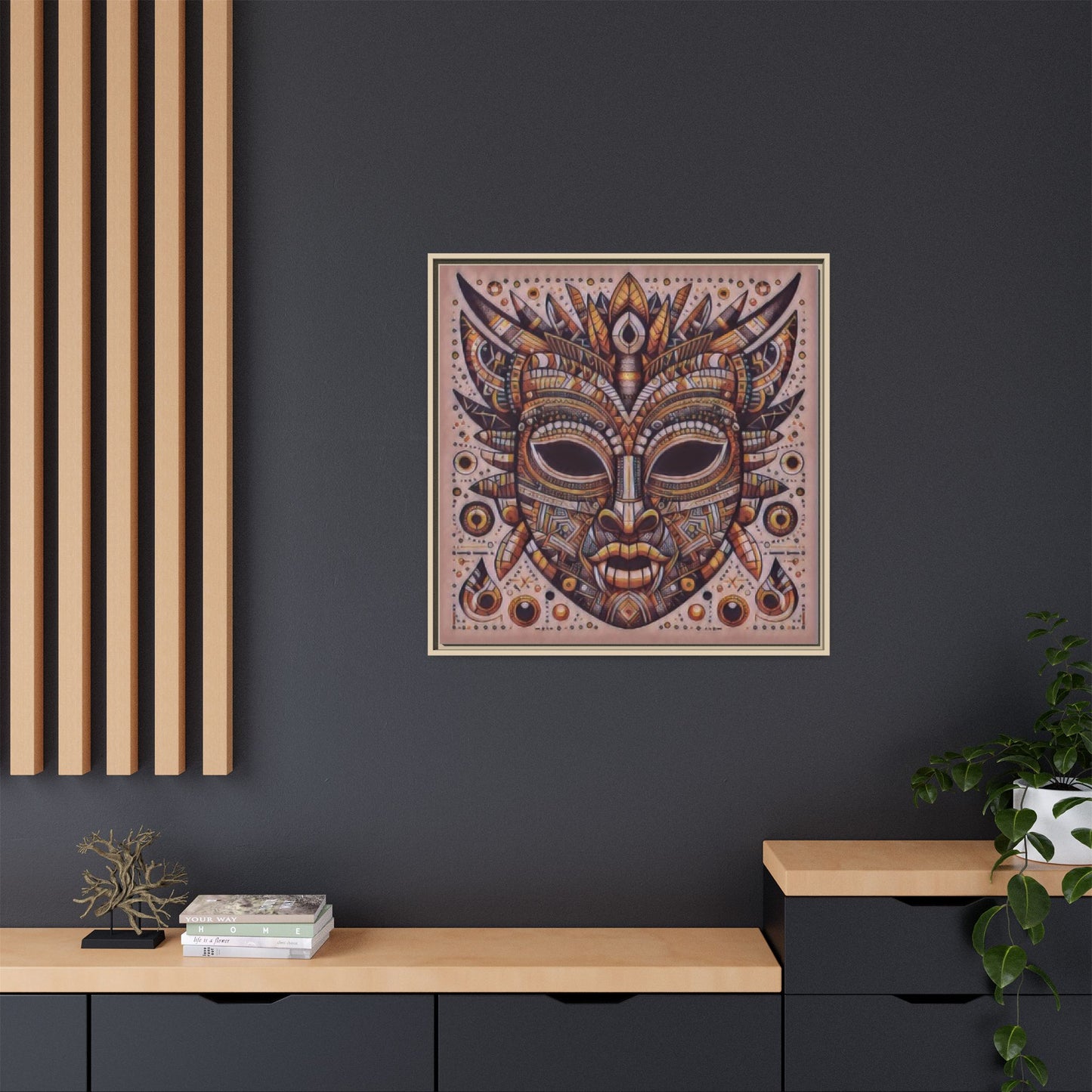 Tribal Mask Framed Canvas Art — Multicolor Matte Wall Decor