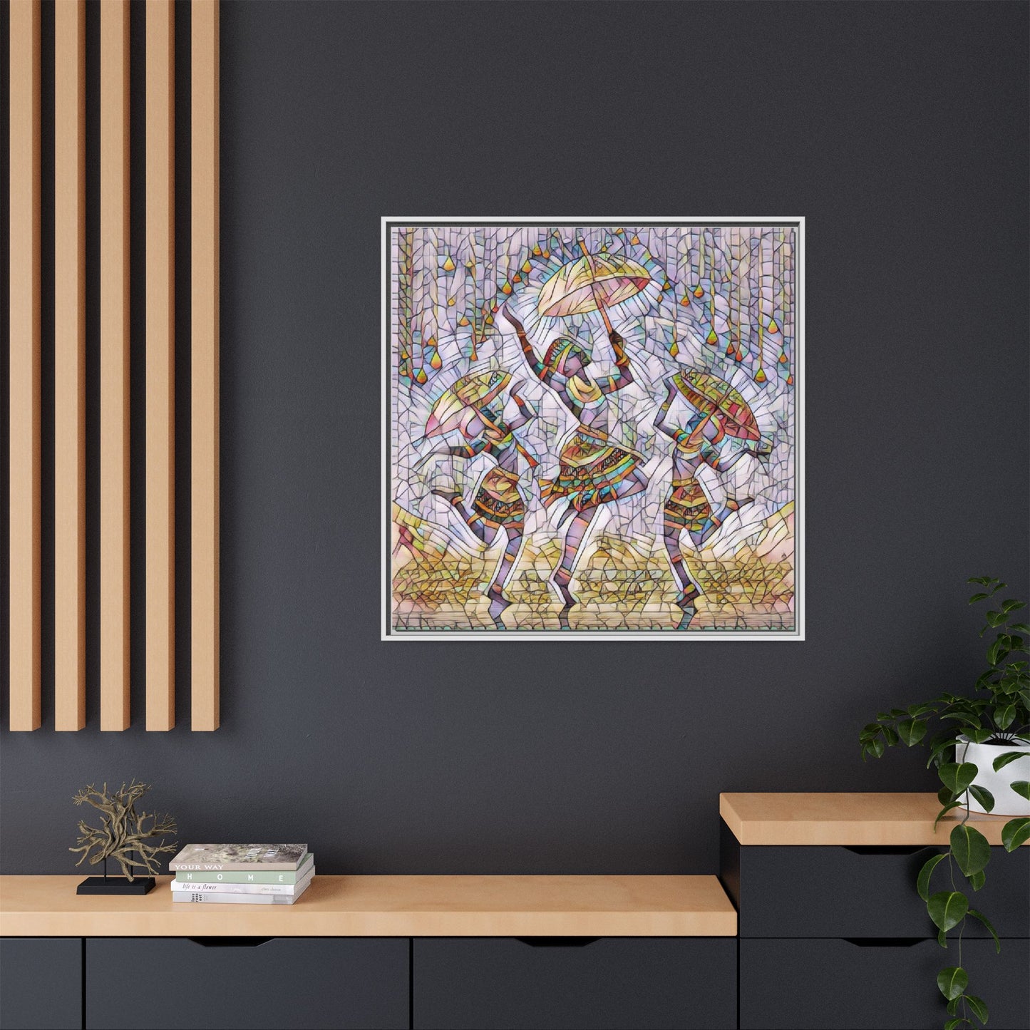 Colorful African Dance Framed Canvas Art — Umbrella Dancers Wall Decor