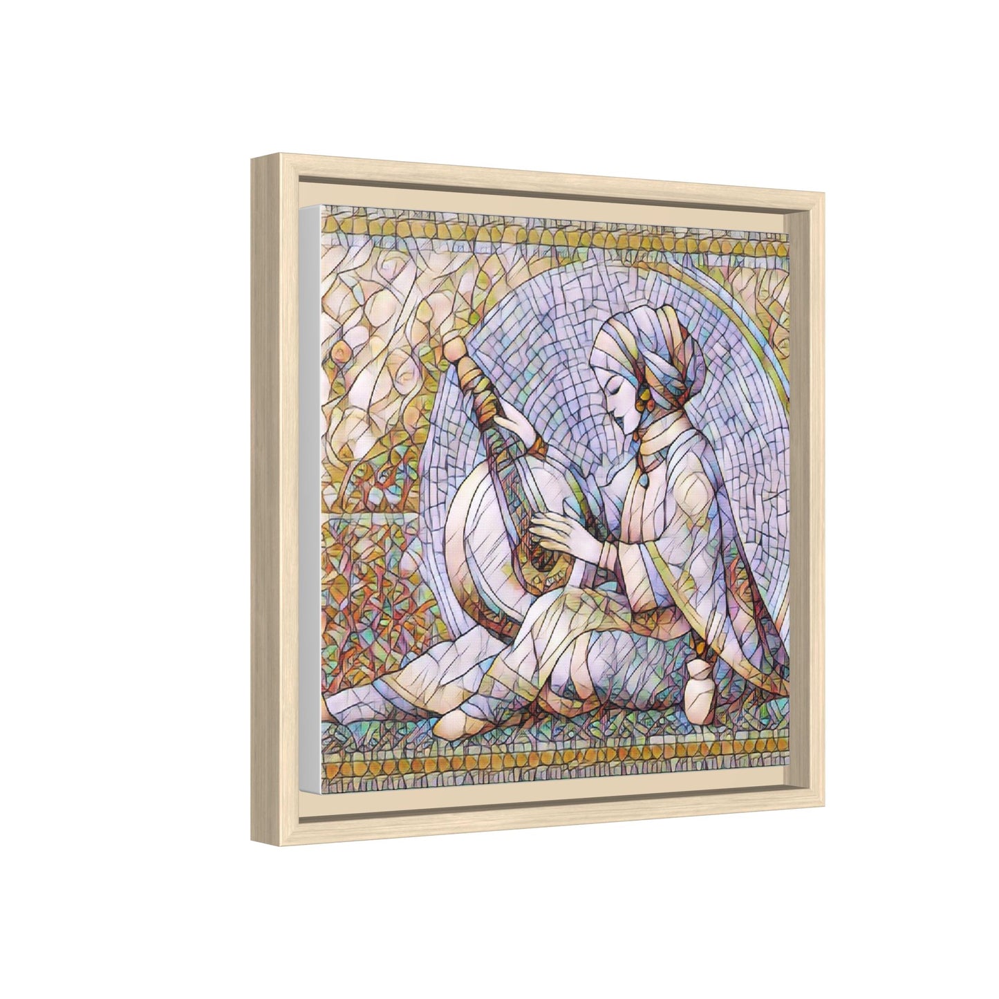 Framed Matte Canvas: Mosaic Lute Player Wall Art — Bohemian Musical Portrait