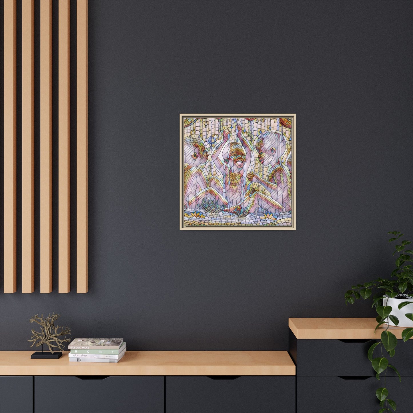 Framed Matte Canvas Art — Mosaic Children Playing (Multicolor)
