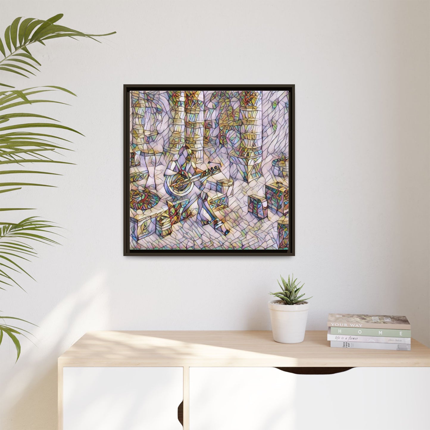 Framed Matte Canvas Art - Abstract Guitarist in Colorful Mosaic