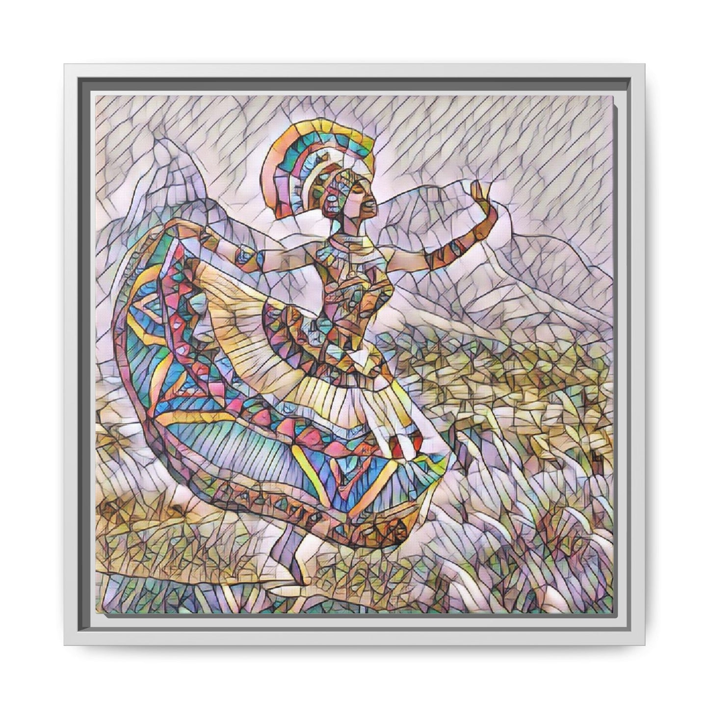 Ballerina Mosaic Framed Canvas Print — Colorful Ethnic Dance Wall Art
