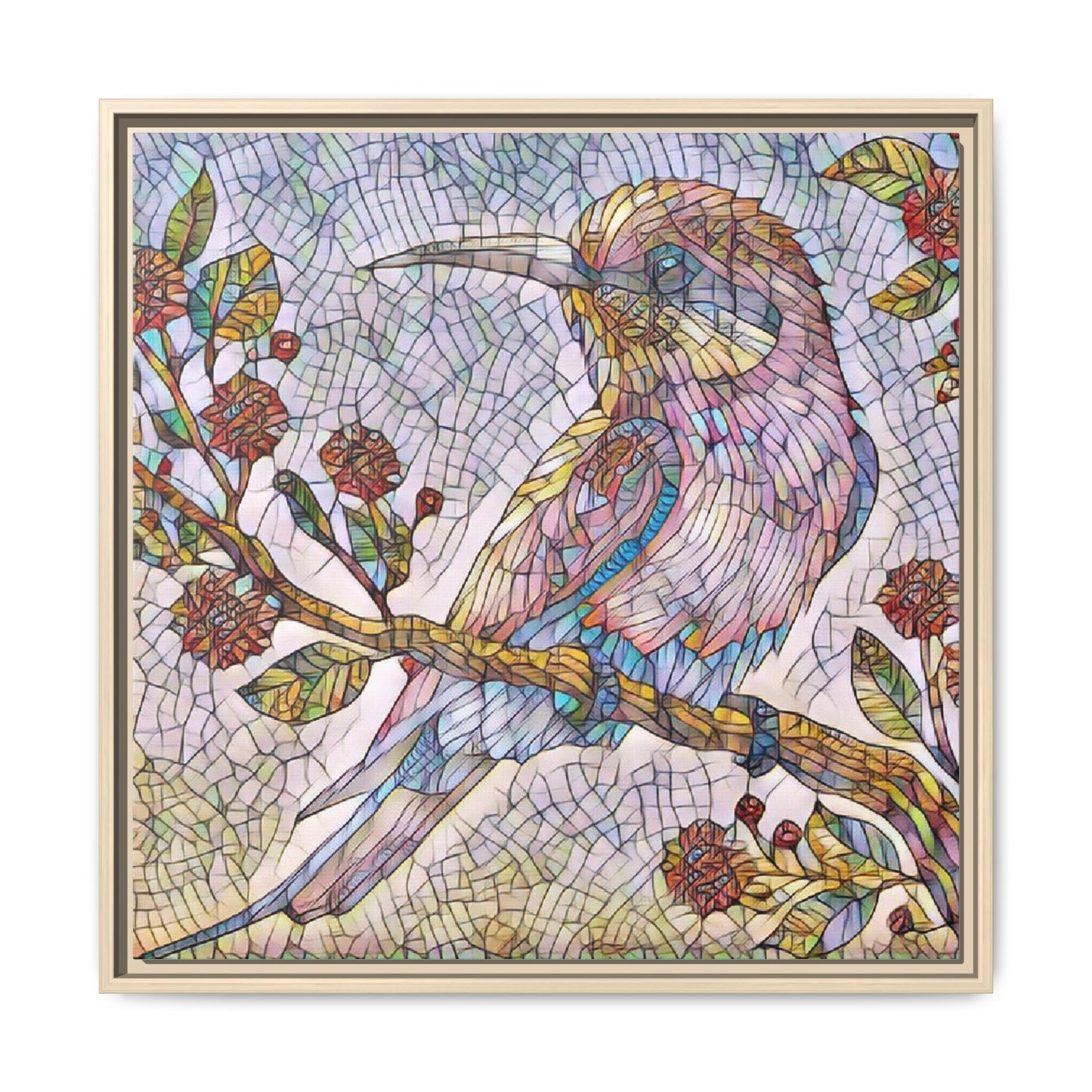 Framed Mosaic Bird Art Print — Colorful Kookaburra Wall Canvas