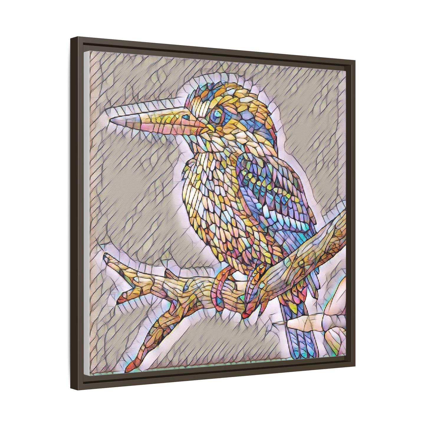 Colorful Kingfisher Framed Canvas Wall Art — Stained-Glass Style Bird Print