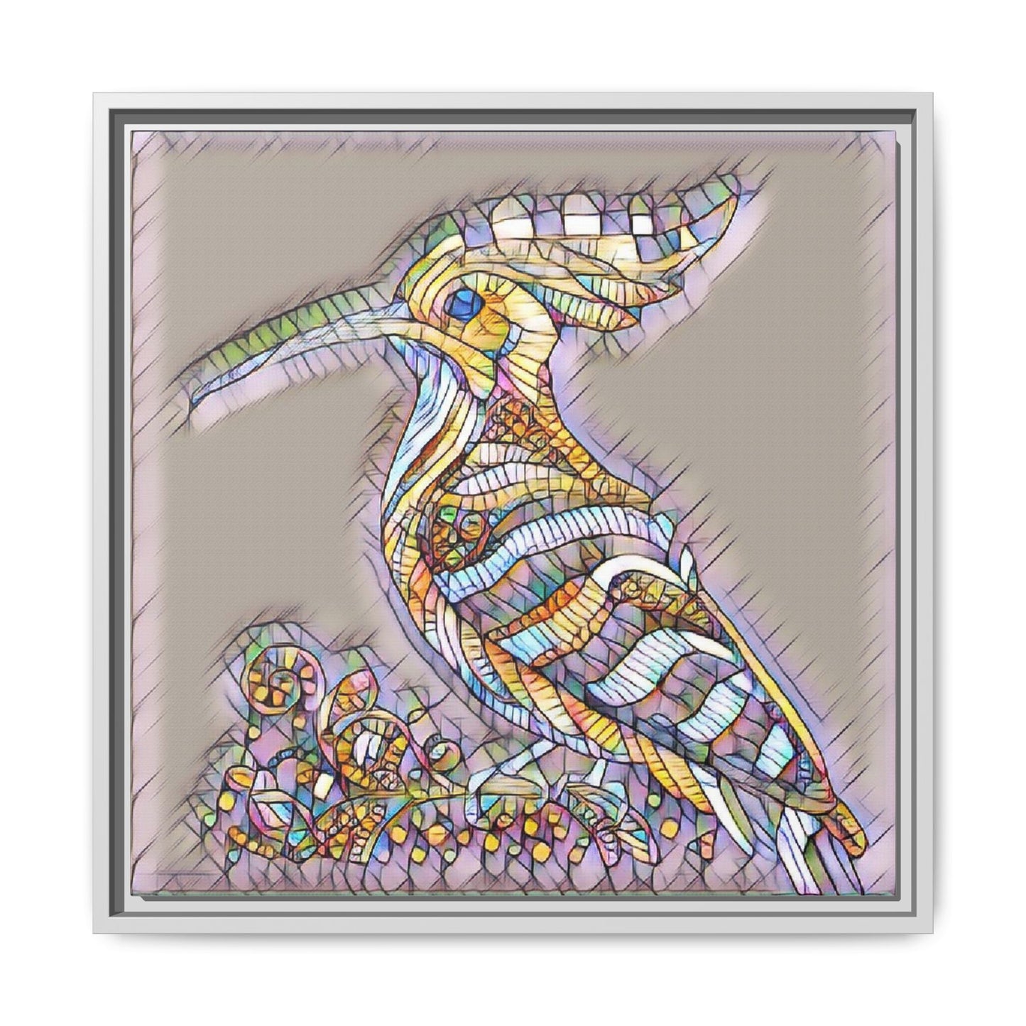 Colorful Mosaic Bird Framed Canvas Art — Whimsical Hoopoe Wall Decor