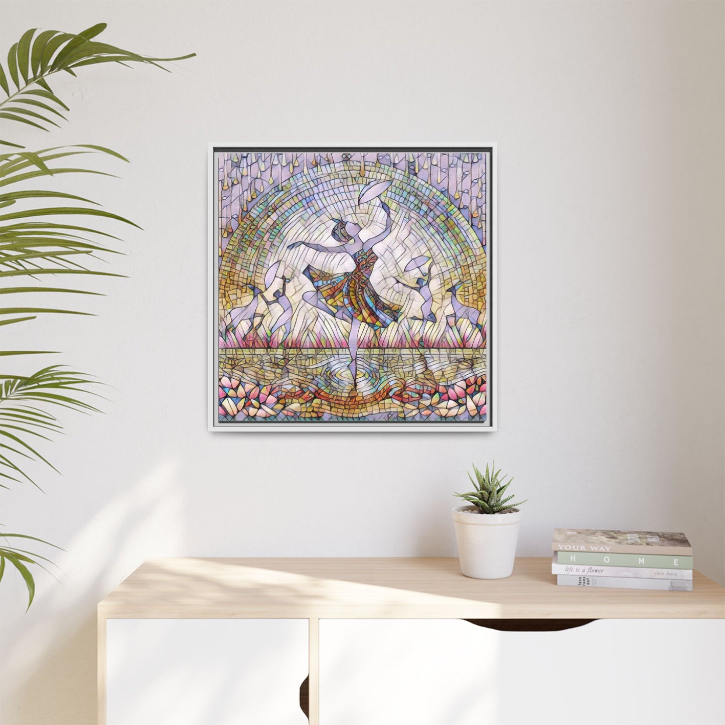Stained Glass Ballerina Framed Canvas Art — Dancer Mosaic Wall Decor