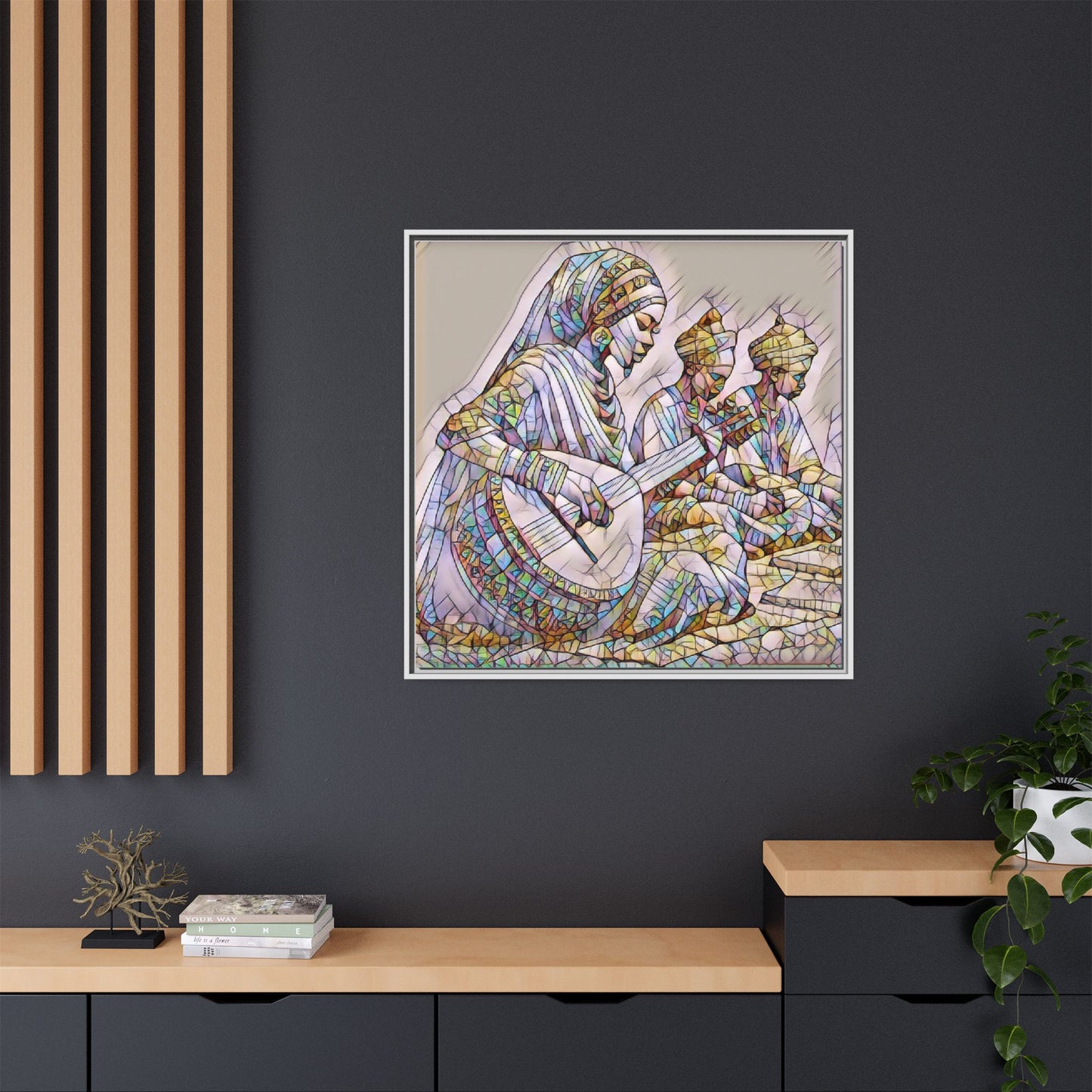 Framed Matte Canvas: Colorful Moroccan Musicians Wall Art