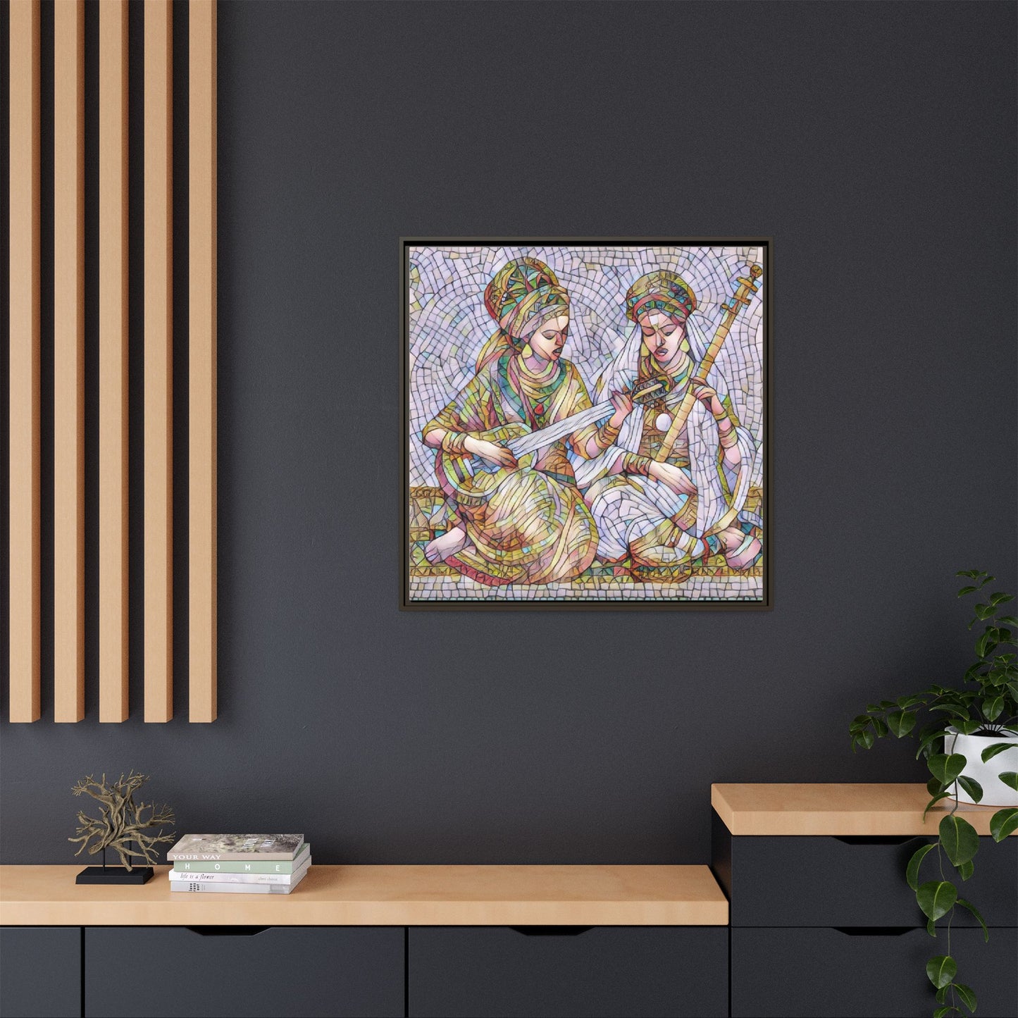 Framed Mosaic Art Print — Two Women Playing Lutes (Matte Canvas)
