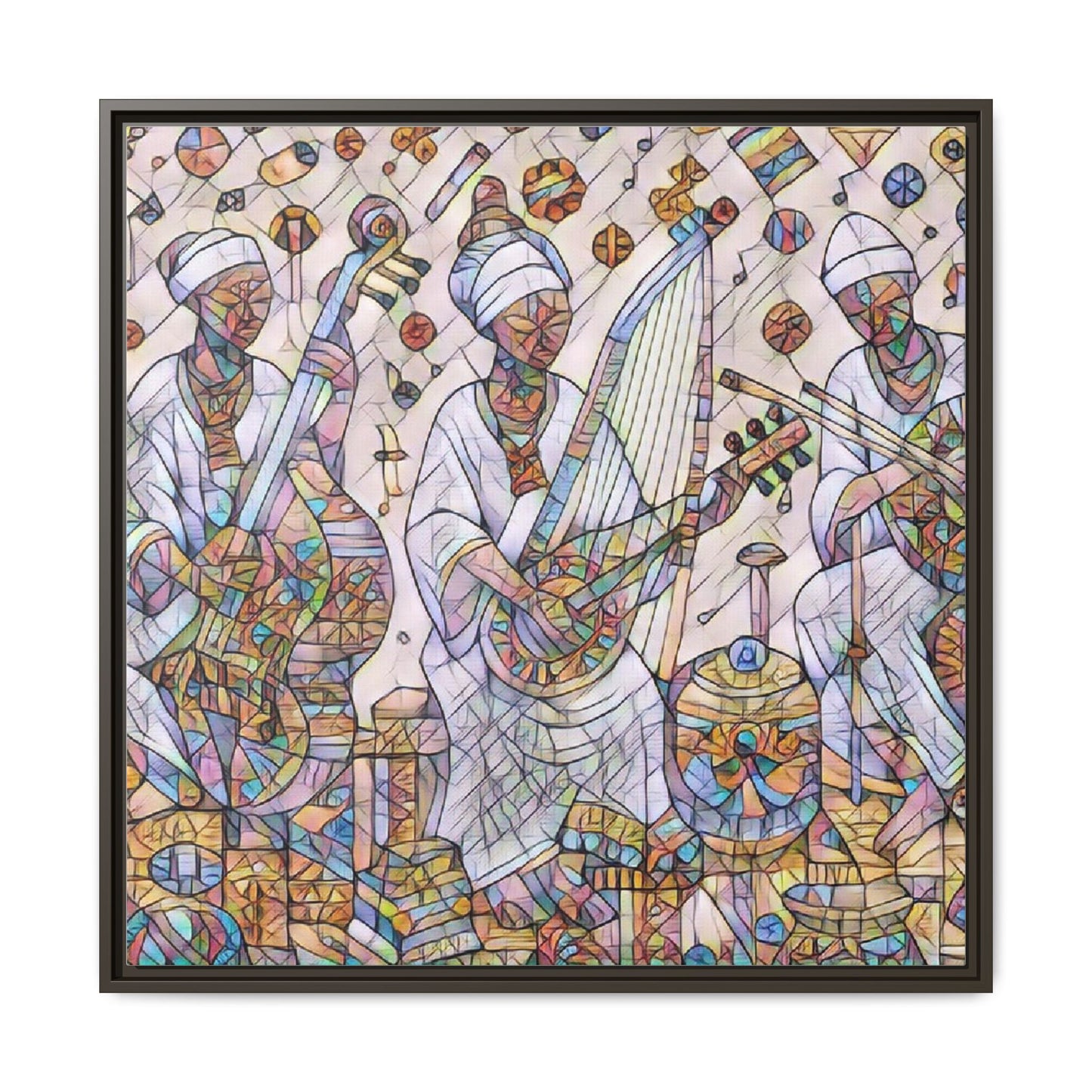 Framed Matte Canvas Print — Colorful African Musicians Stained-Glass Art