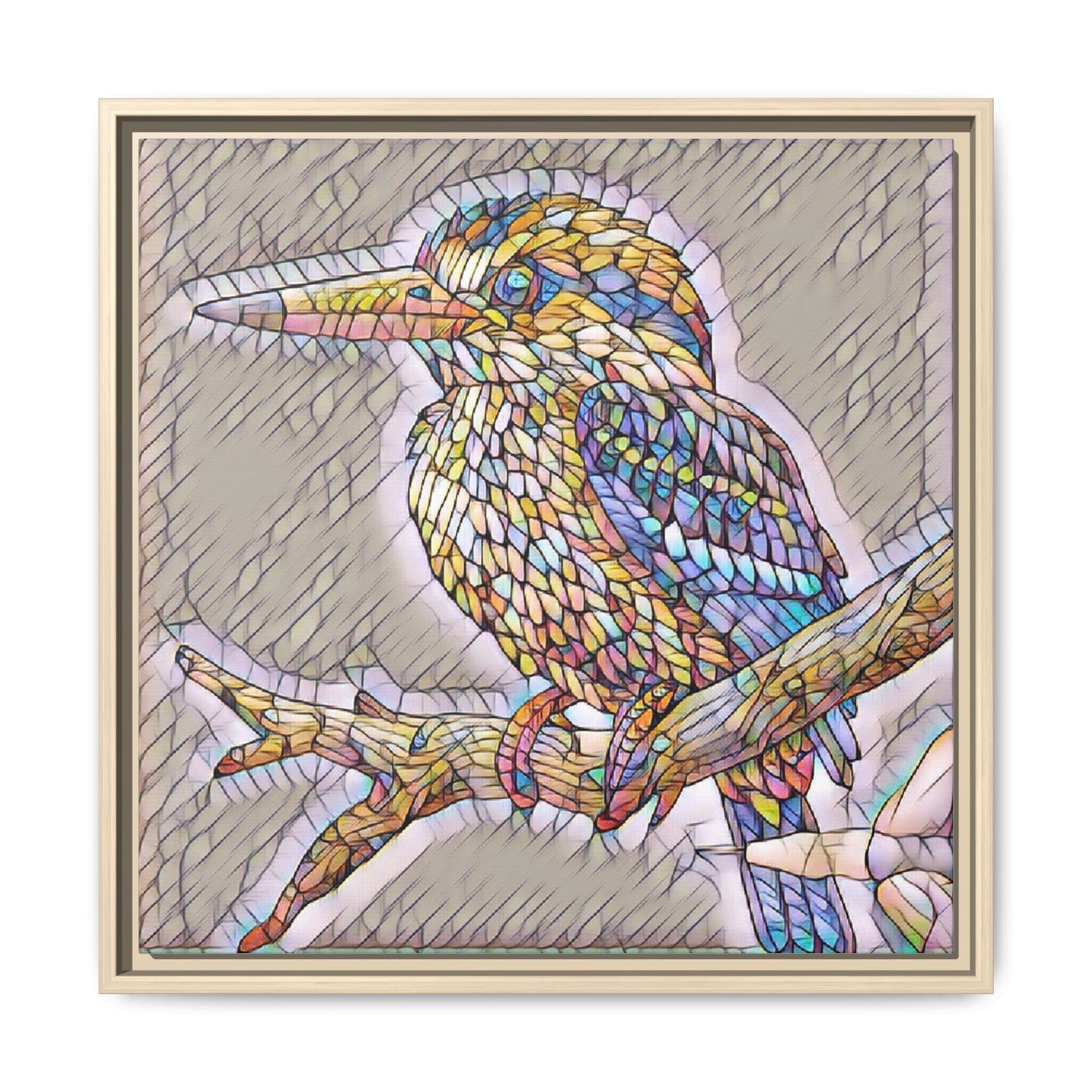 Colorful Kingfisher Framed Canvas Wall Art — Stained-Glass Style Bird Print