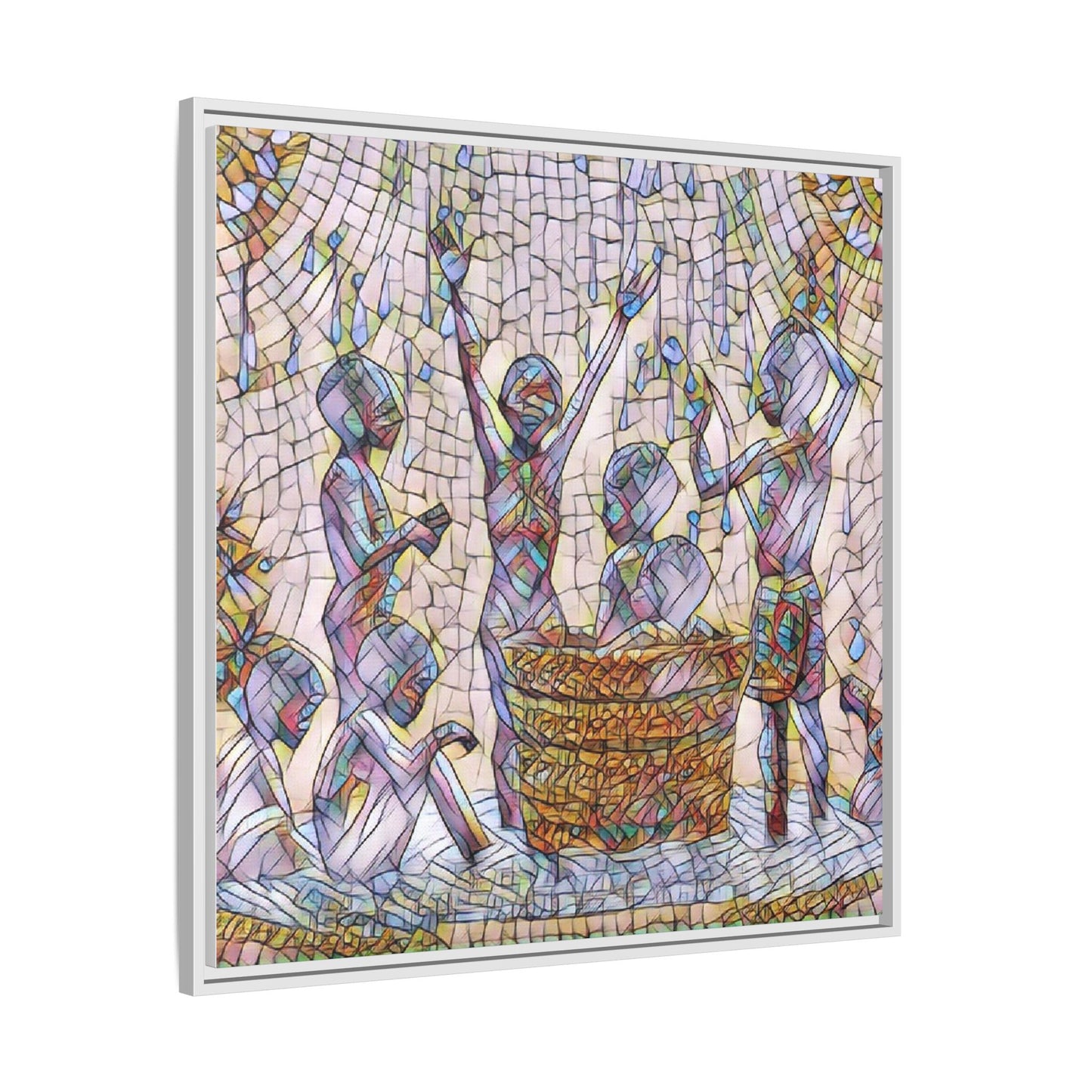 Framed Matte Canvas Art — Children Playing Mosaic Illustration