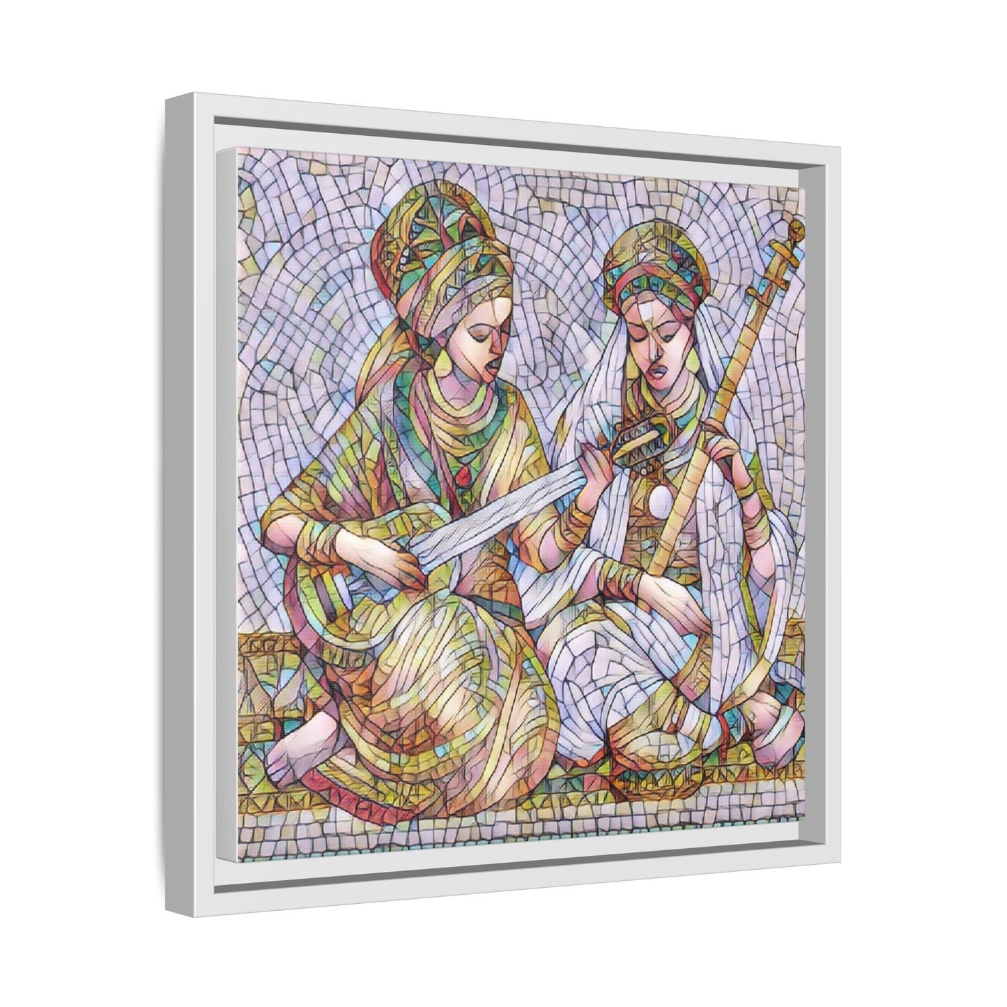 Framed Mosaic Art Print — Two Women Playing Lutes (Matte Canvas)