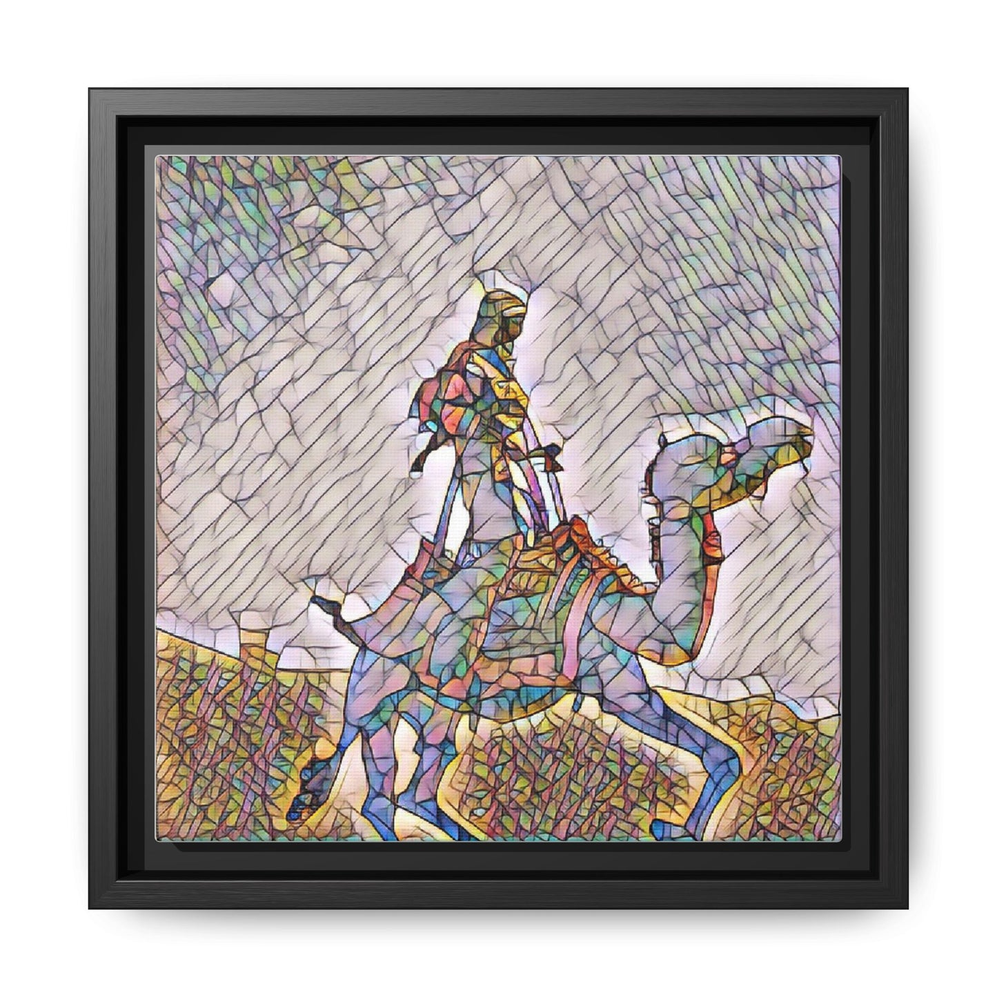 Framed Camel Rider Matte Canvas Art — Colorful Mosaic Desert Wall Decor