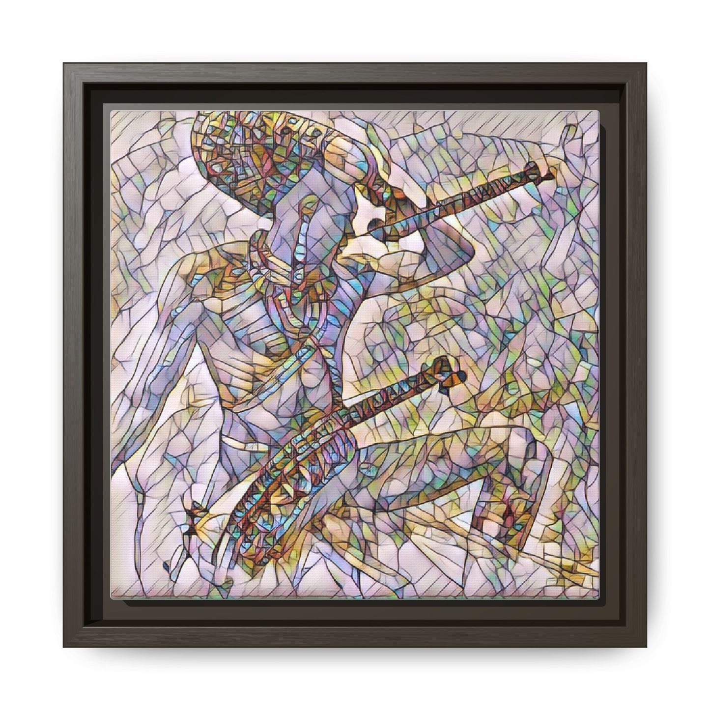 Stained Glass Blue Musician — Framed Matte Canvas Art