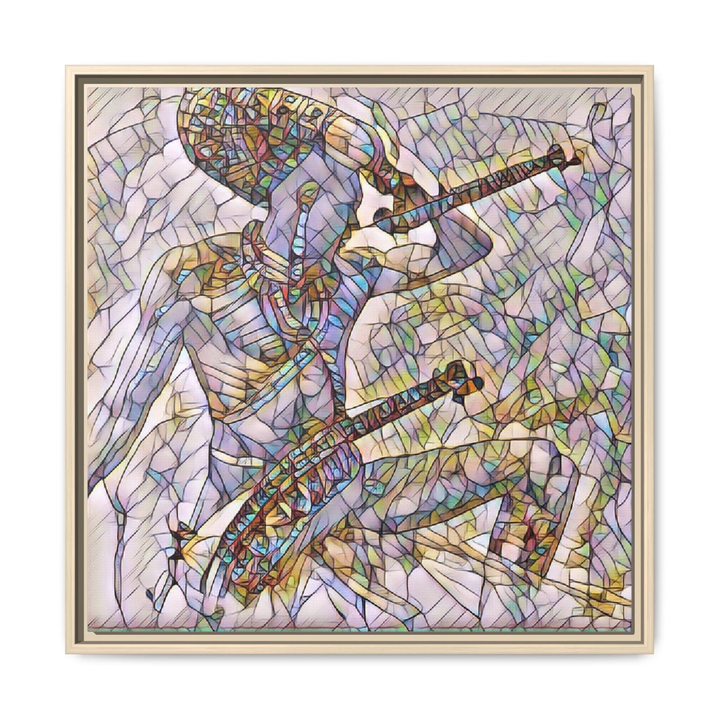 Stained Glass Blue Musician — Framed Matte Canvas Art